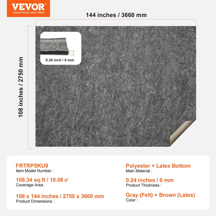 VEVOR Non Slip Rug Pad Gripper 9' x 12' Carpet Mat 0.24