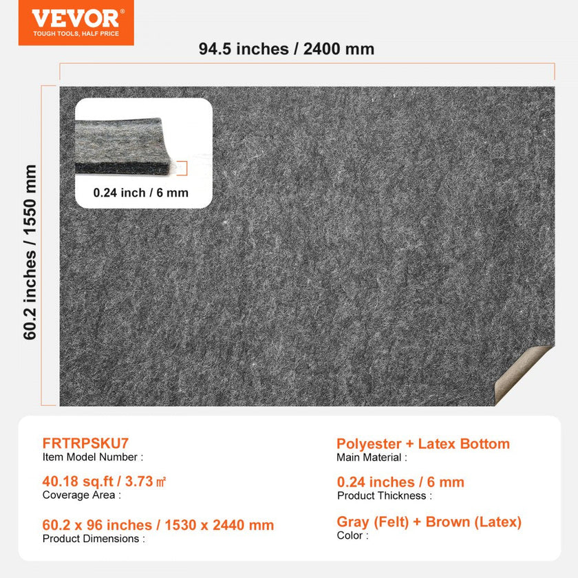 VEVOR Non Slip Rug Pad Gripper 60.2 x 96 in Carpet Mat 0.24
