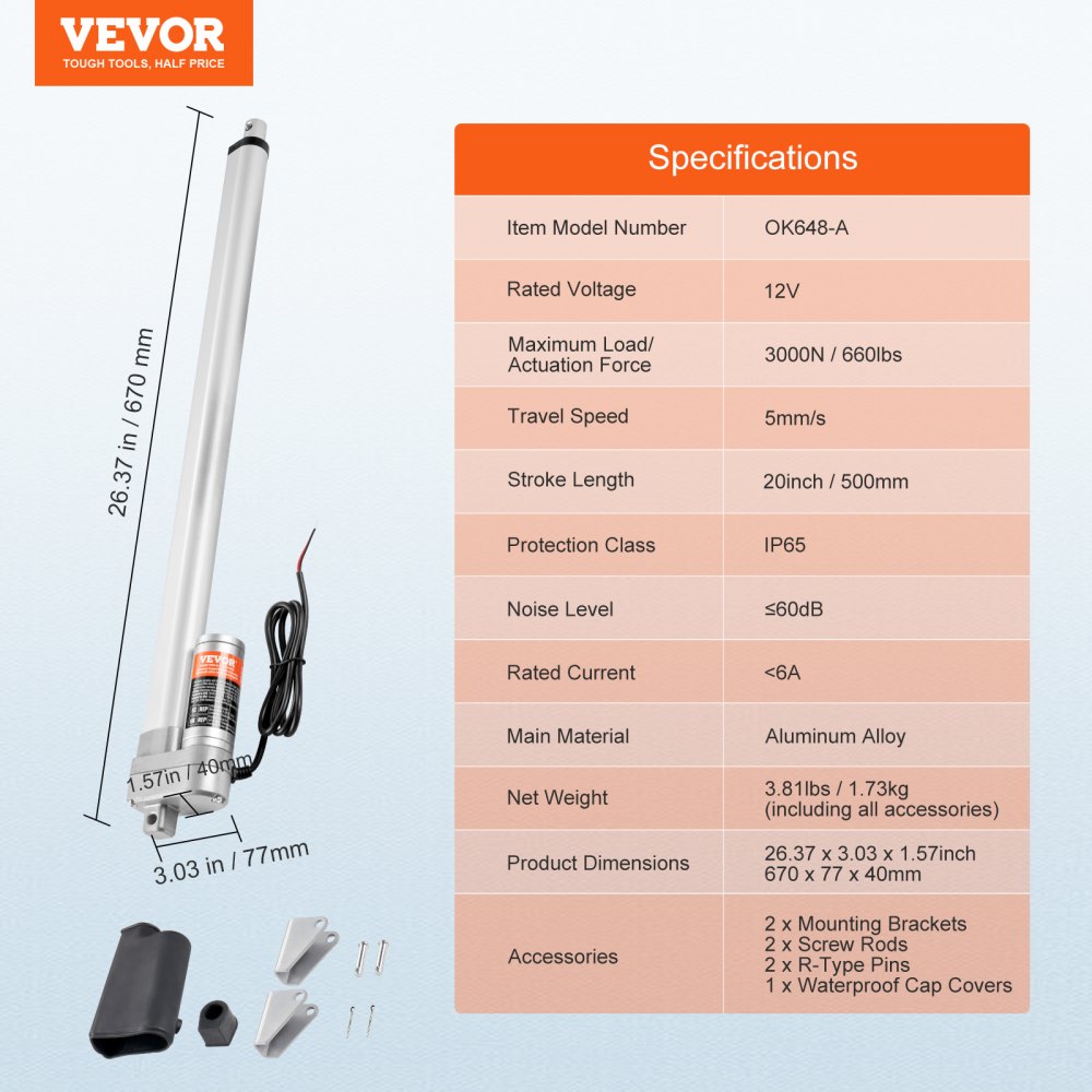 VEVOR Linear Actuator 12V, 20 Inch Waterproof IP65 Linear Actuator, 660lbs/3000N 0.19