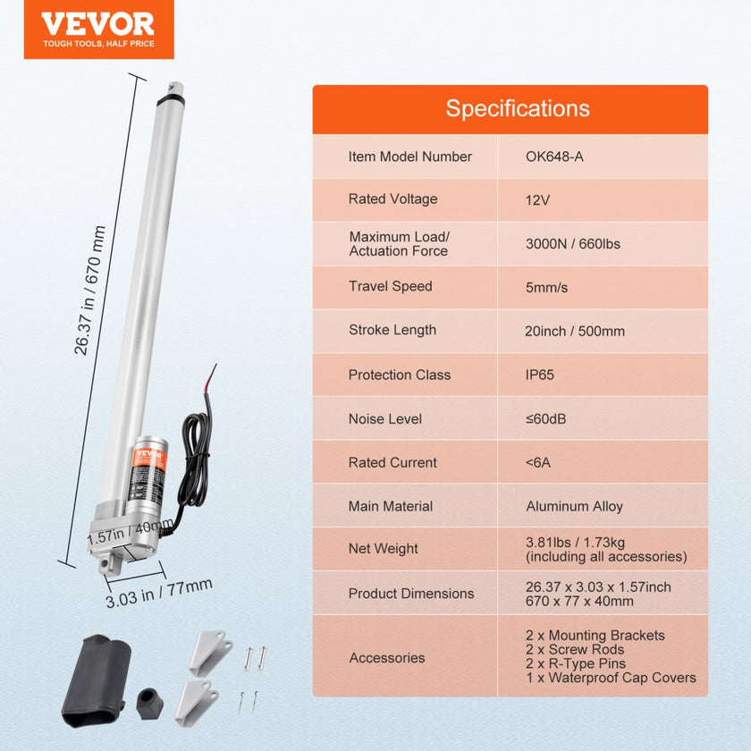 VEVOR Linear Actuator 12V, 20 Inch Waterproof IP65 Linear Actuator, 660lbs/3000N 0.19