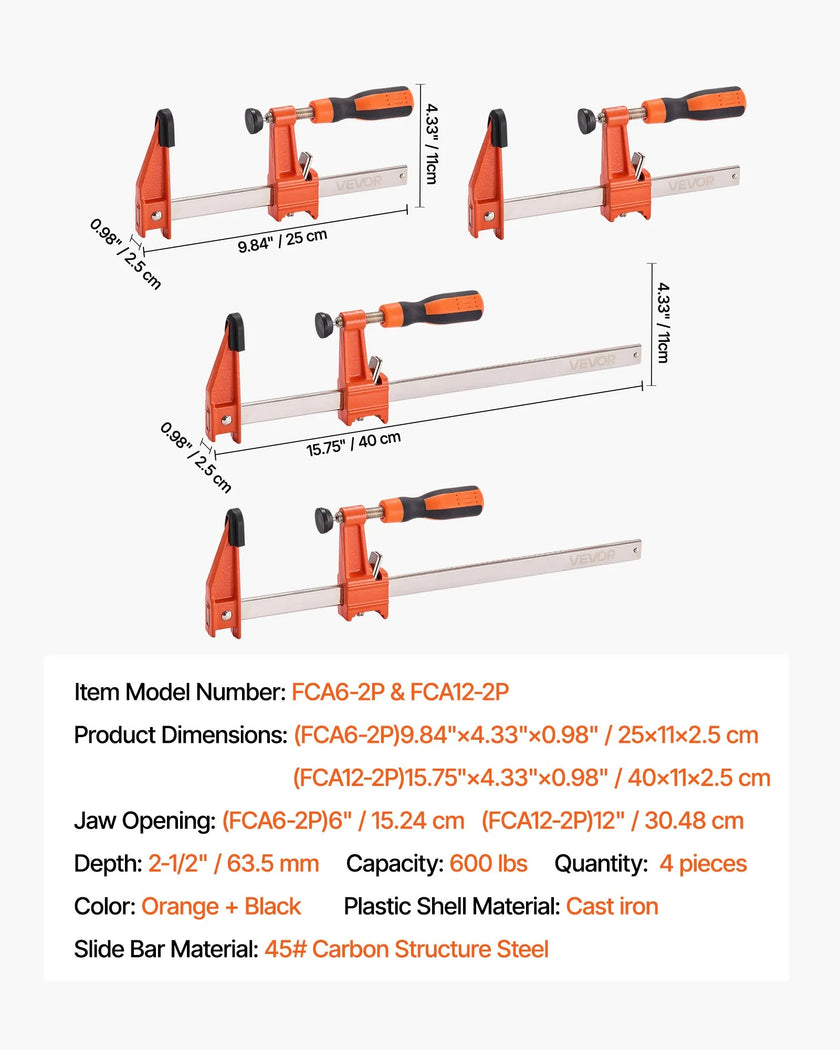 VEVOR Bar Clamps for Woodworking 2-Pack 6 inch 2-Pack 12 inch Lockable F Clamp