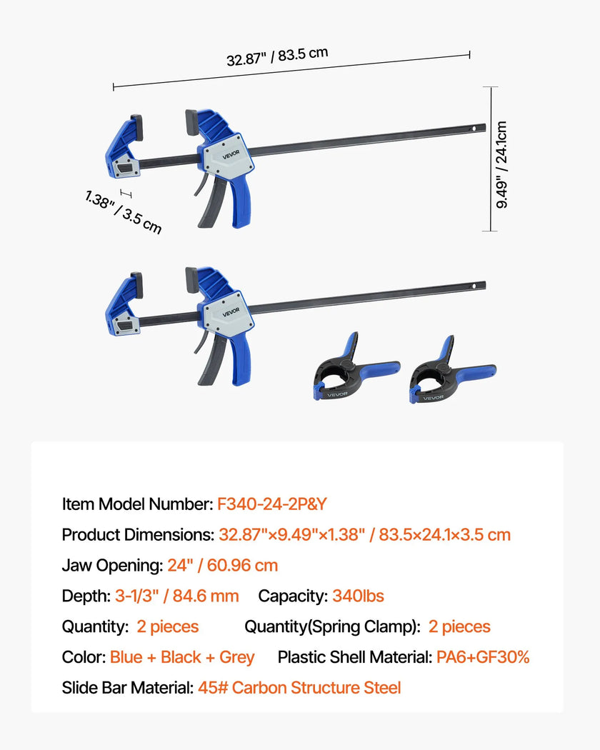 VEVOR Bar Clamps for Woodworking 2-Pack 24 inch One-Handed Clamp/Spreader 340lbs
