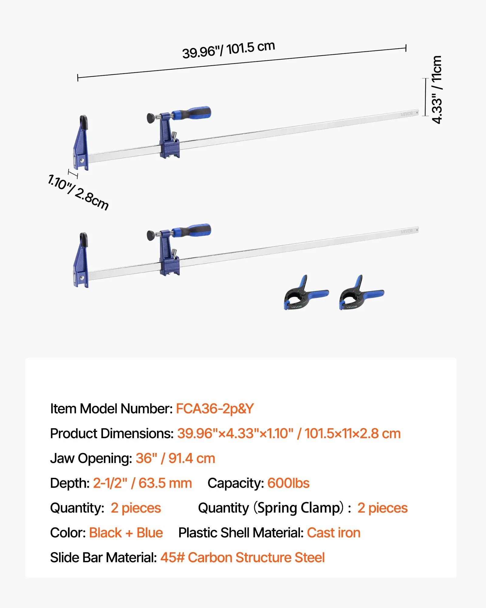 VEVOR Bar Clamps for Woodworking 2-Pack 36 in Opening Lockable F Clamp Cast Iron