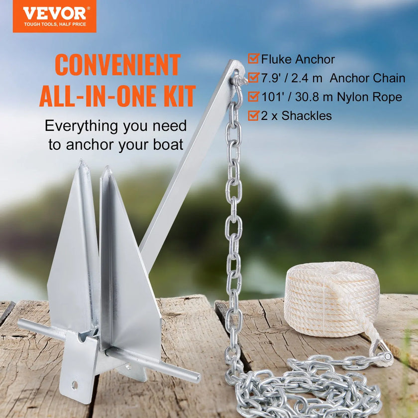 VEVOR Anchor Kit, 13 LBS Hot-Dipped Galvanized Steel Anchor with 7.9' Chain, 101' Rope and Two 0.4