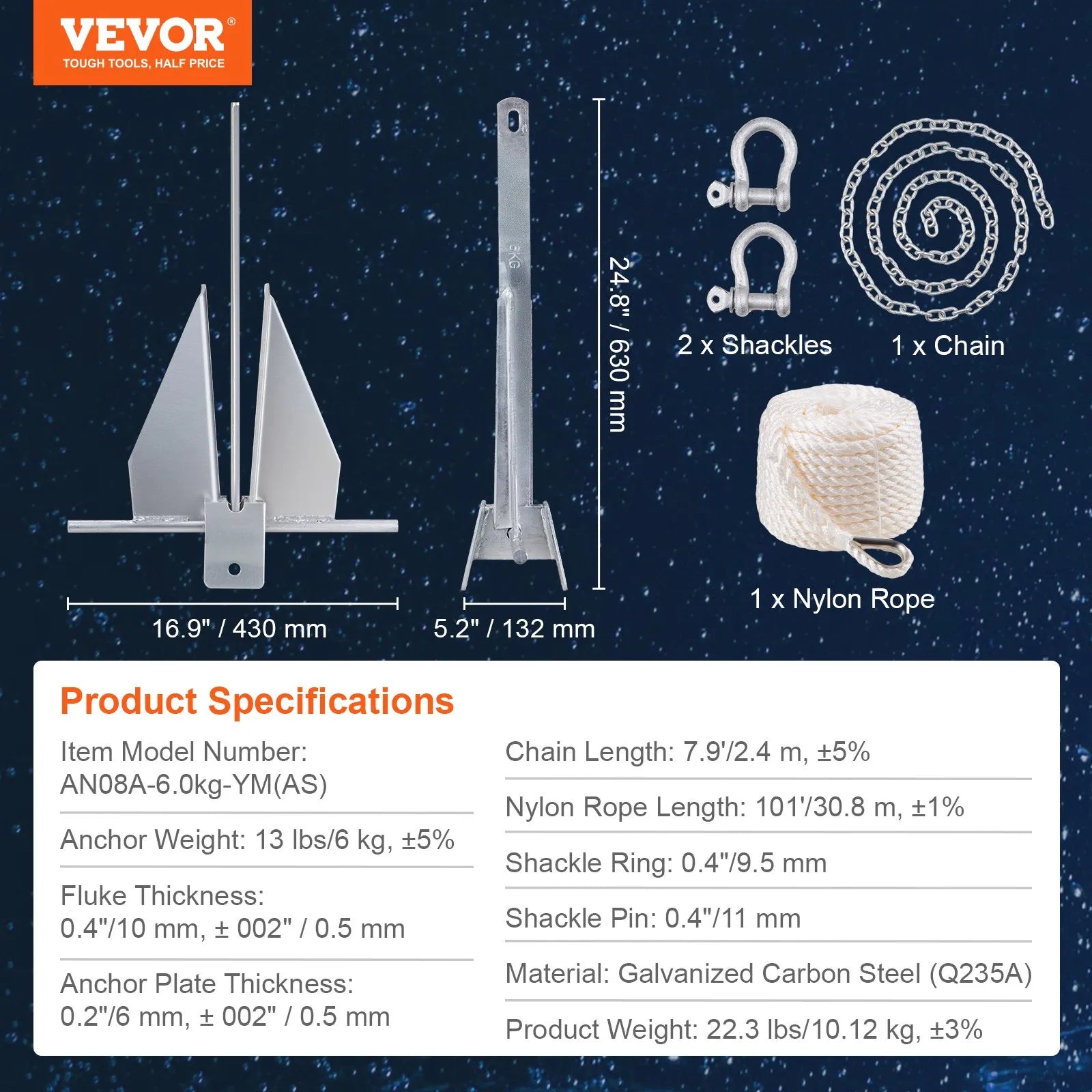 VEVOR Anchor Kit, 13 LBS Hot-Dipped Galvanized Steel Anchor with 7.9' Chain, 101' Rope and Two 0.4