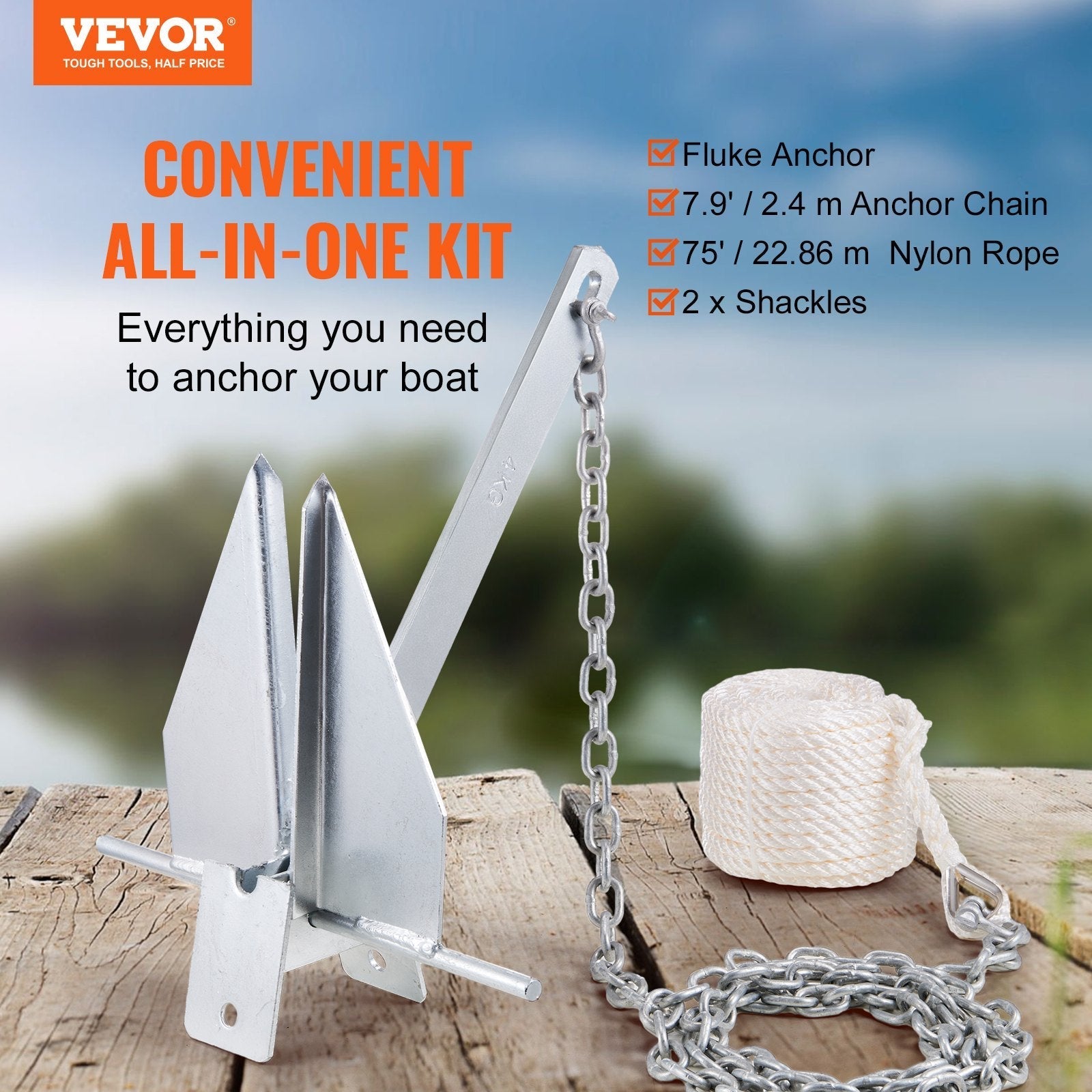 VEVOR Anchor Kit, 8.5 LBS Hot-Dipped Galvanized Steel Anchor with 7.9' Chain, 75' Rope and Two 0.4