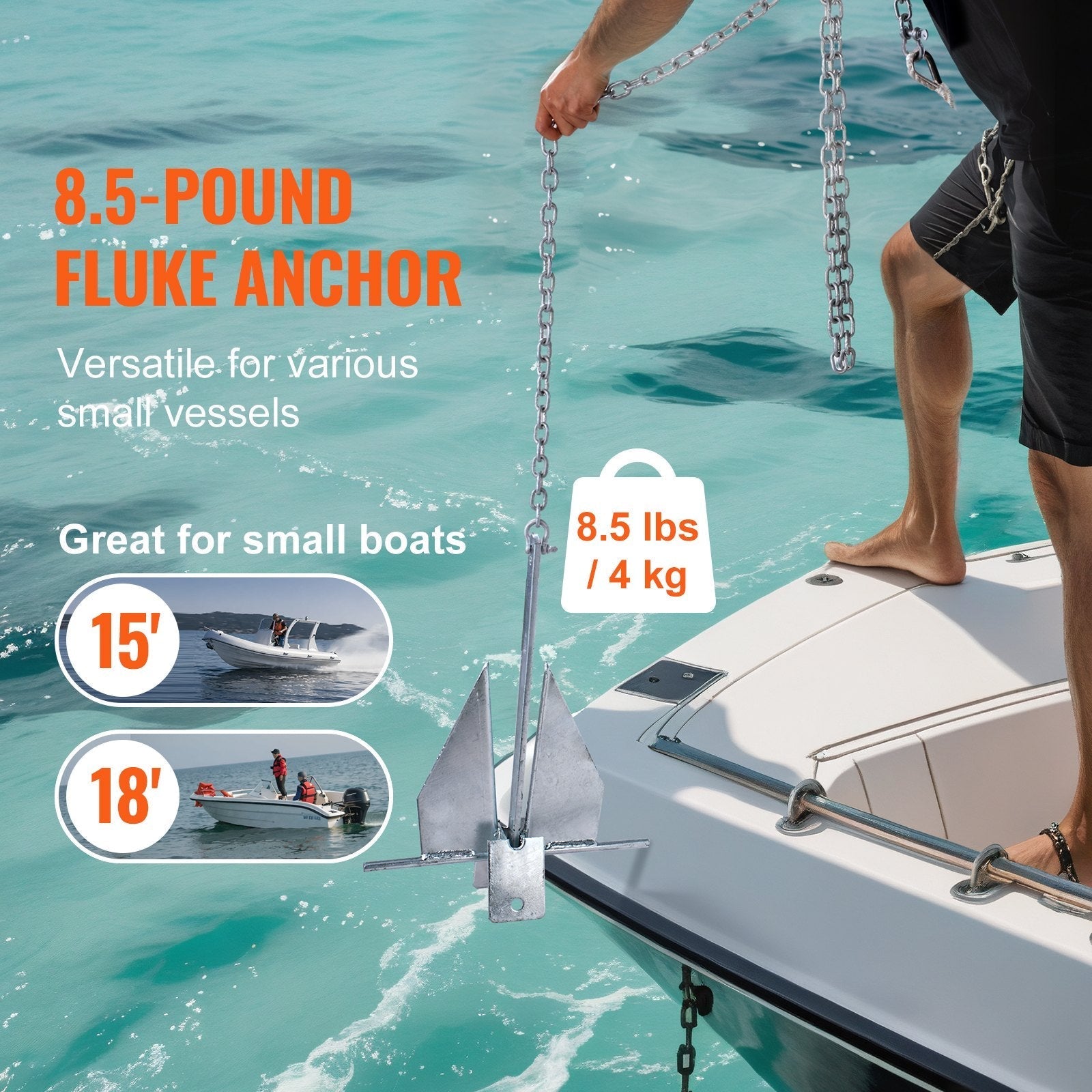 VEVOR Anchor Kit, 8.5 LBS Hot-Dipped Galvanized Steel Anchor with 7.9' Chain, 75' Rope and Two 0.4