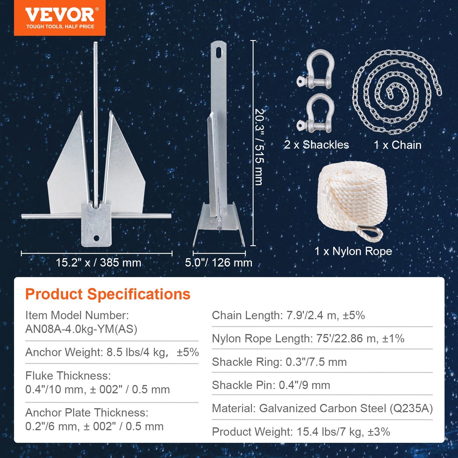 VEVOR Anchor Kit, 8.5 LBS Hot-Dipped Galvanized Steel Anchor with 7.9' Chain, 75' Rope and Two 0.4