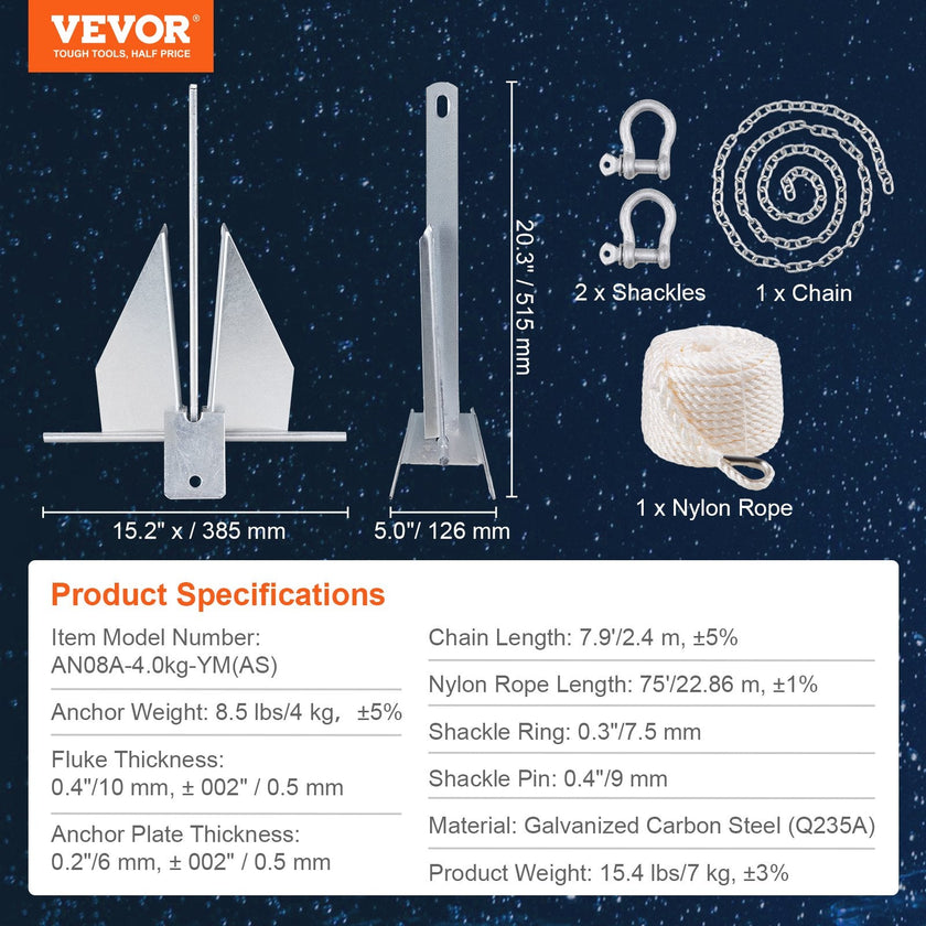 VEVOR Anchor Kit, 8.5 LBS Hot-Dipped Galvanized Steel Anchor with 7.9' Chain, 75' Rope and Two 0.4