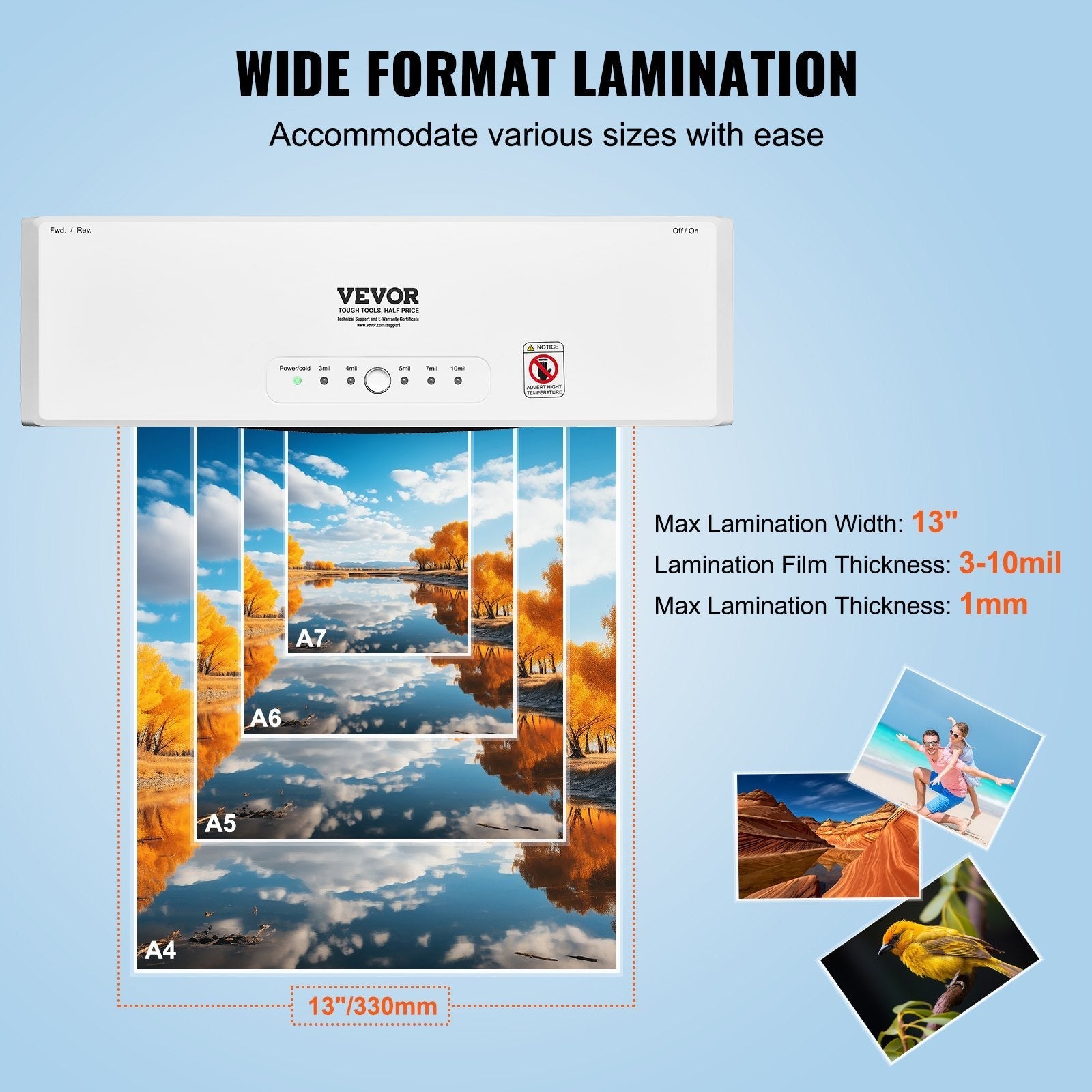 VEVOR Laminator, 13-inch Laminating Machine, 4 Rollers Hot and Cold Thermal Laminator, Quick Warm-up, Fast Laminating Machine with 3 mil Lamination Films for Home, Office, School