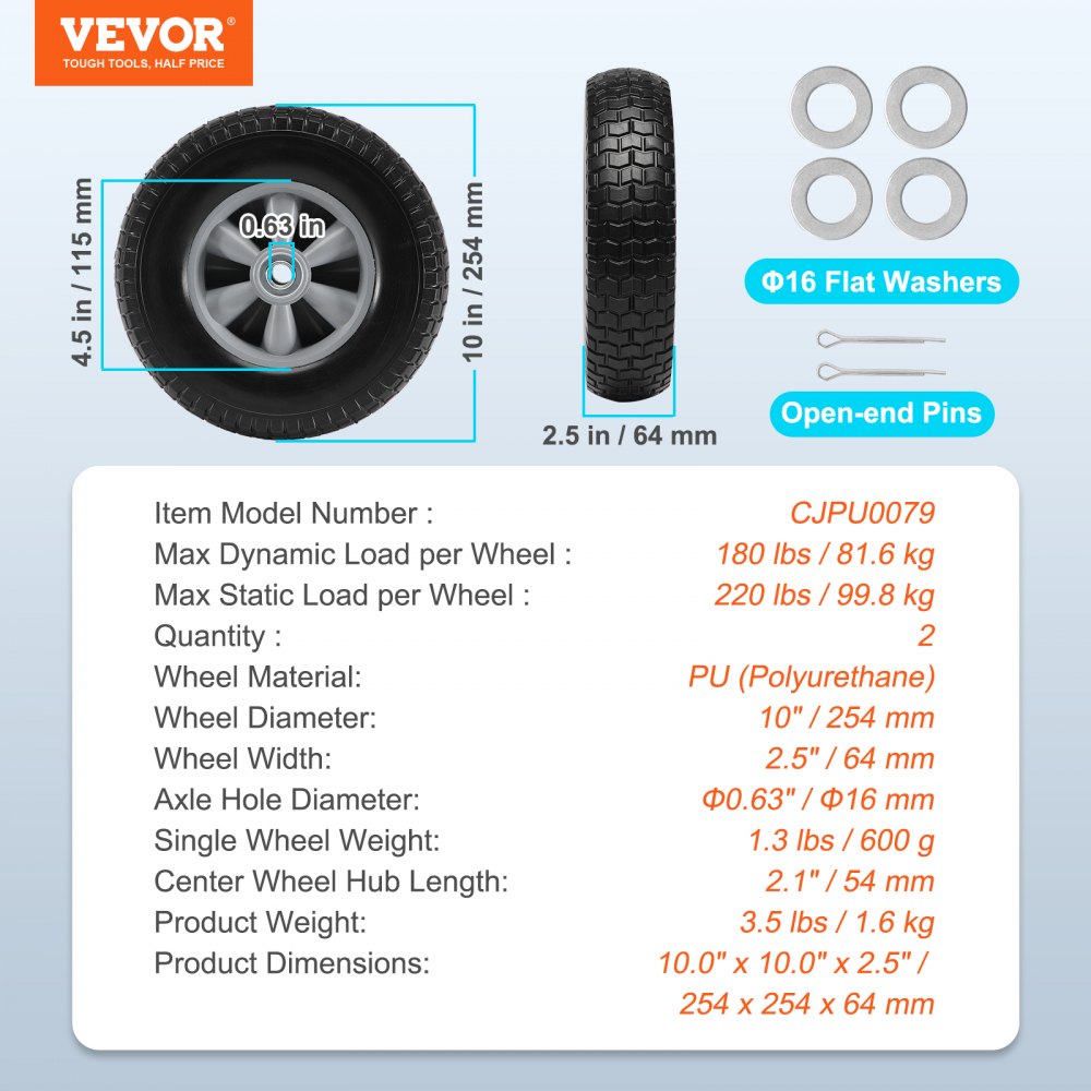 VEVOR Solid PU Run-Flat Tire Wheel, 10