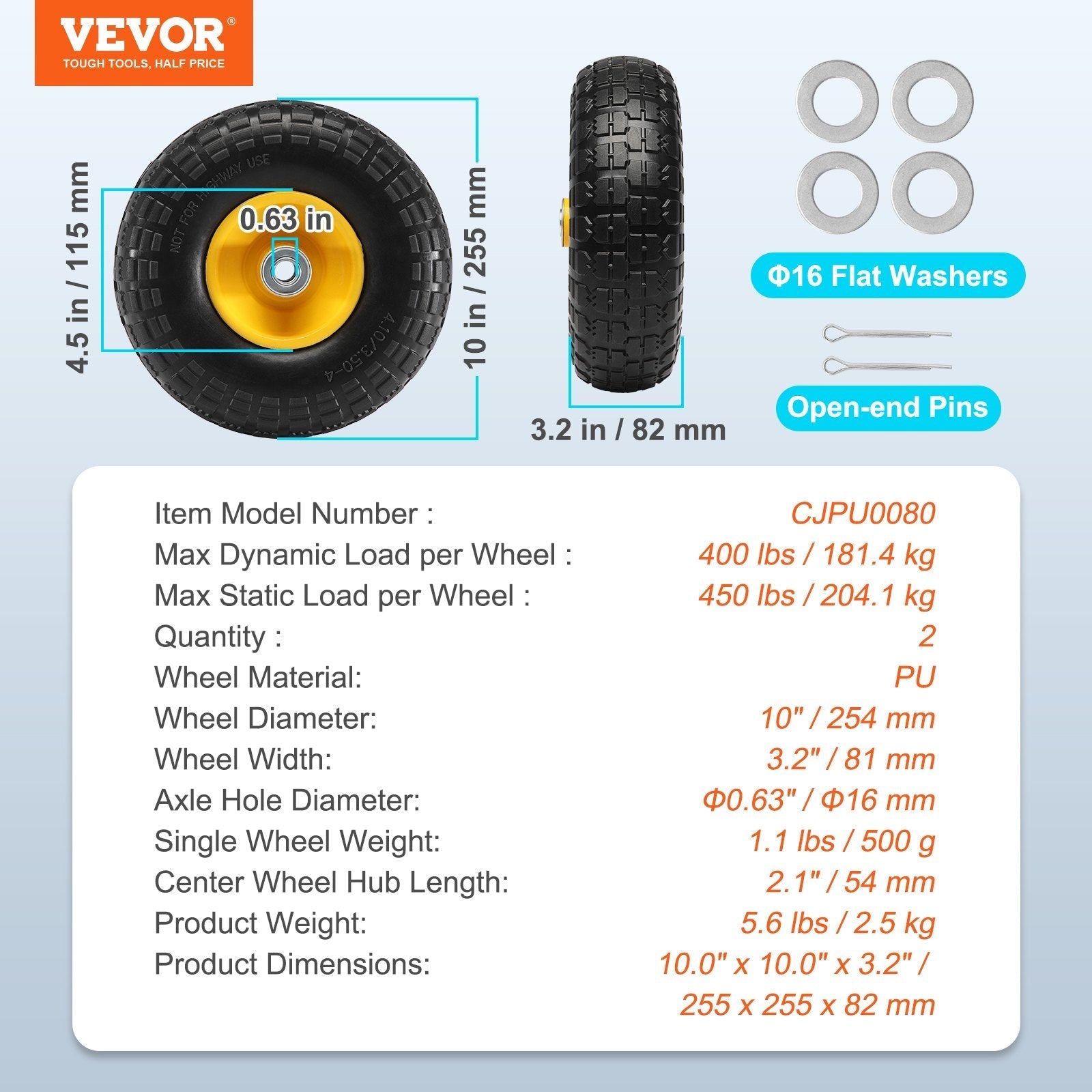 VEVOR Solid PU Run-Flat Tire Wheel, 10