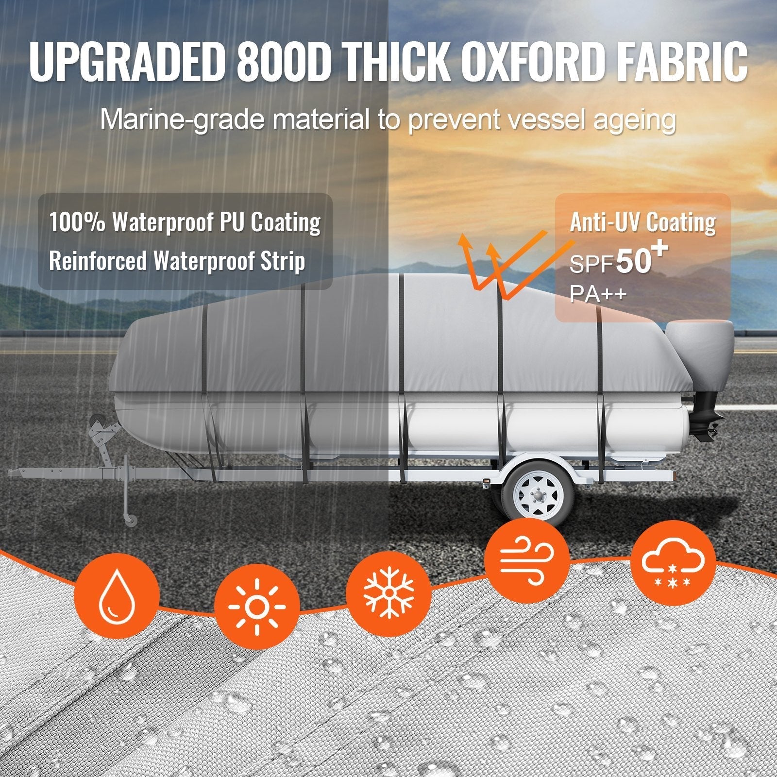 VEVOR Pontoon Boat Cover, 19'-20' Waterproof Trailerable Pontoon Cover, 800D Marine Grade PU Oxford Fabric, with Motor Cover, 16 Windproof Buckle Straps, Fits for 19'-20'L, Beam Width to 96