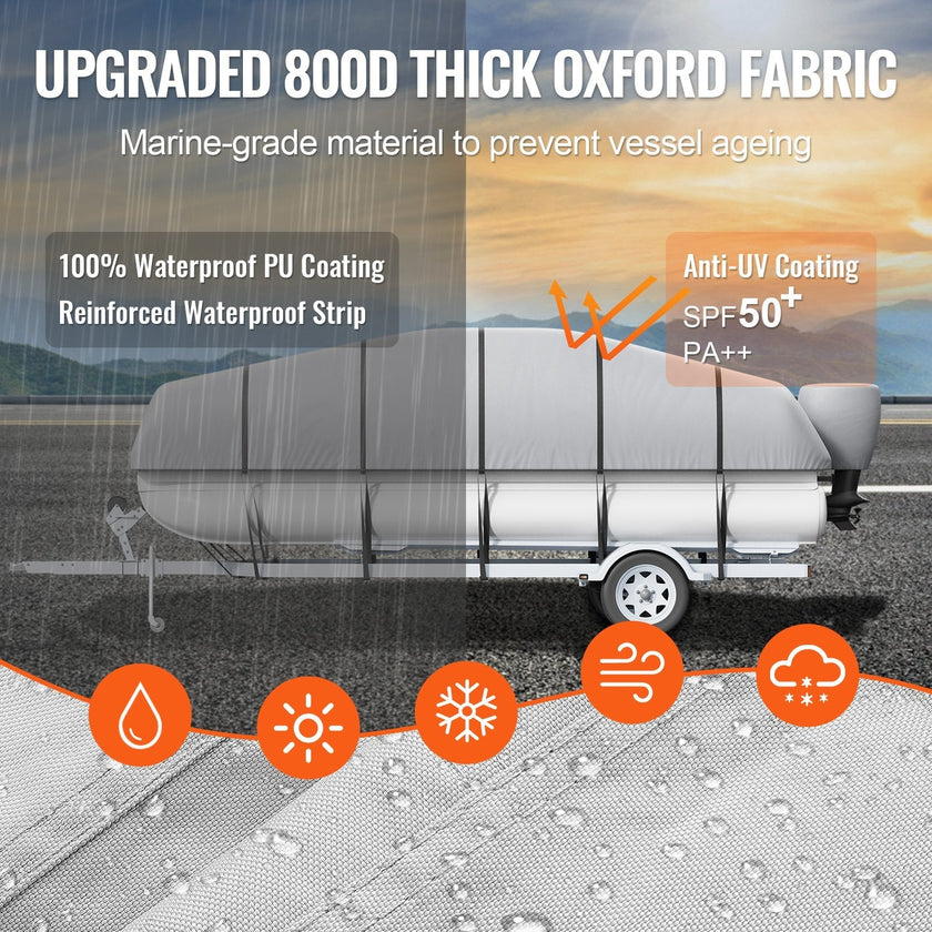 VEVOR Pontoon Boat Cover, 19'-20' Waterproof Trailerable Pontoon Cover, 800D Marine Grade PU Oxford Fabric, with Motor Cover, 16 Windproof Buckle Straps, Fits for 19'-20'L, Beam Width to 96