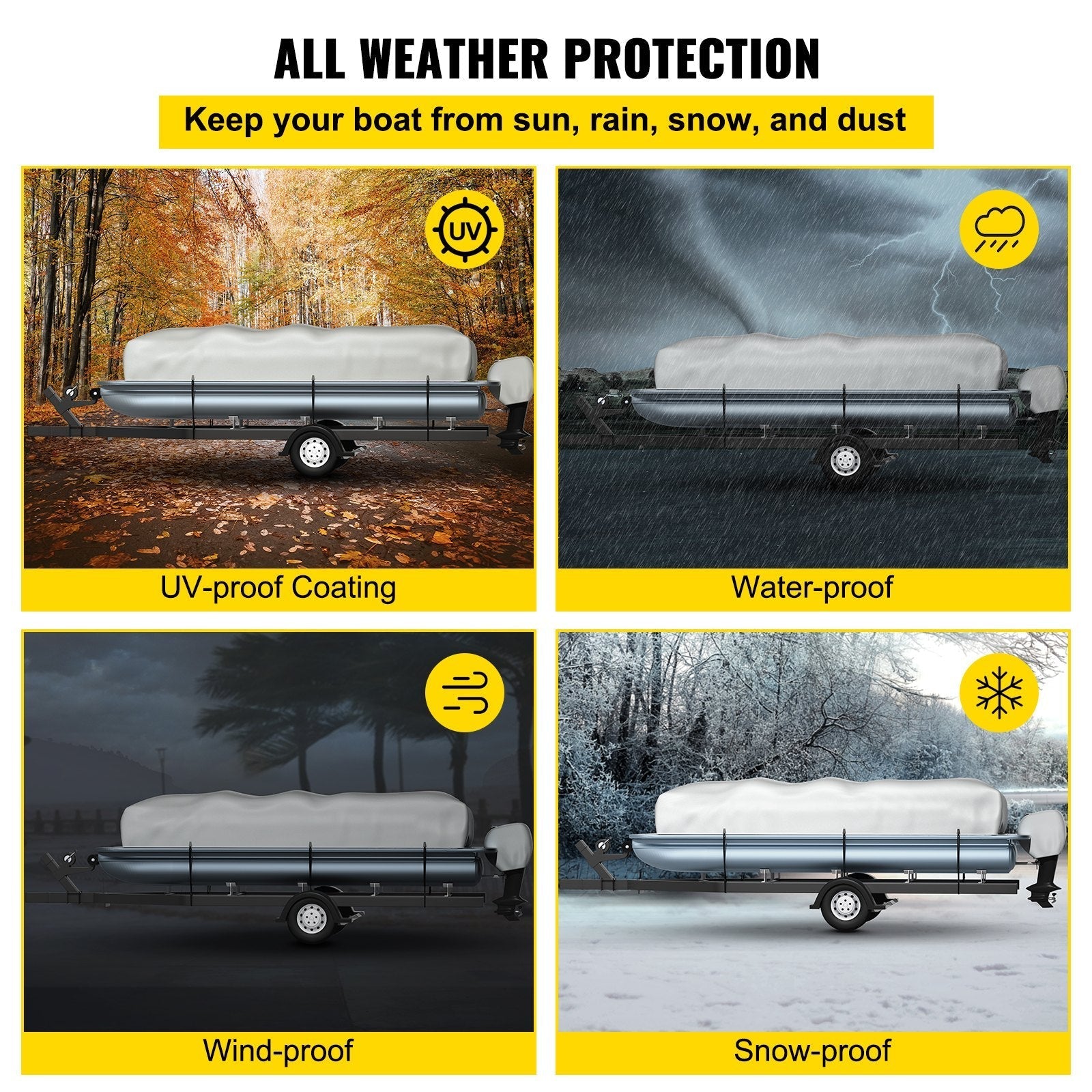 VEVOR Pontoon Boat Cover, Fit for 25'-28' Boat, Heavy Duty 600D Marine Grade Oxford Fabric, UV Resistant Waterproof Trailerable Boat Cover w/ 2 Support Poles and 7 Wind-proof Straps, Gray