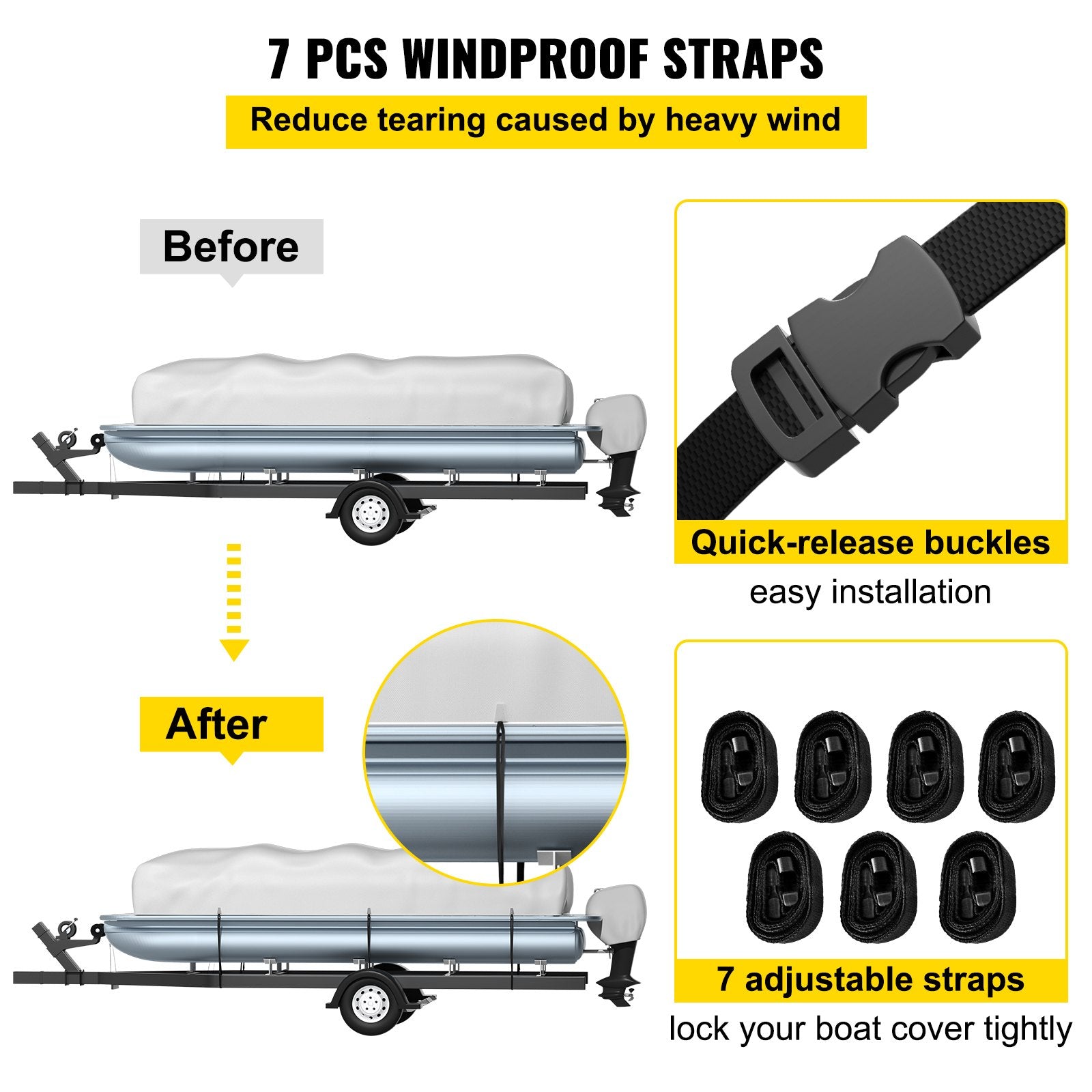 VEVOR Pontoon Boat Cover, Fit for 25'-28' Boat, Heavy Duty 600D Marine Grade Oxford Fabric, UV Resistant Waterproof Trailerable Boat Cover w/ 2 Support Poles and 7 Wind-proof Straps, Gray