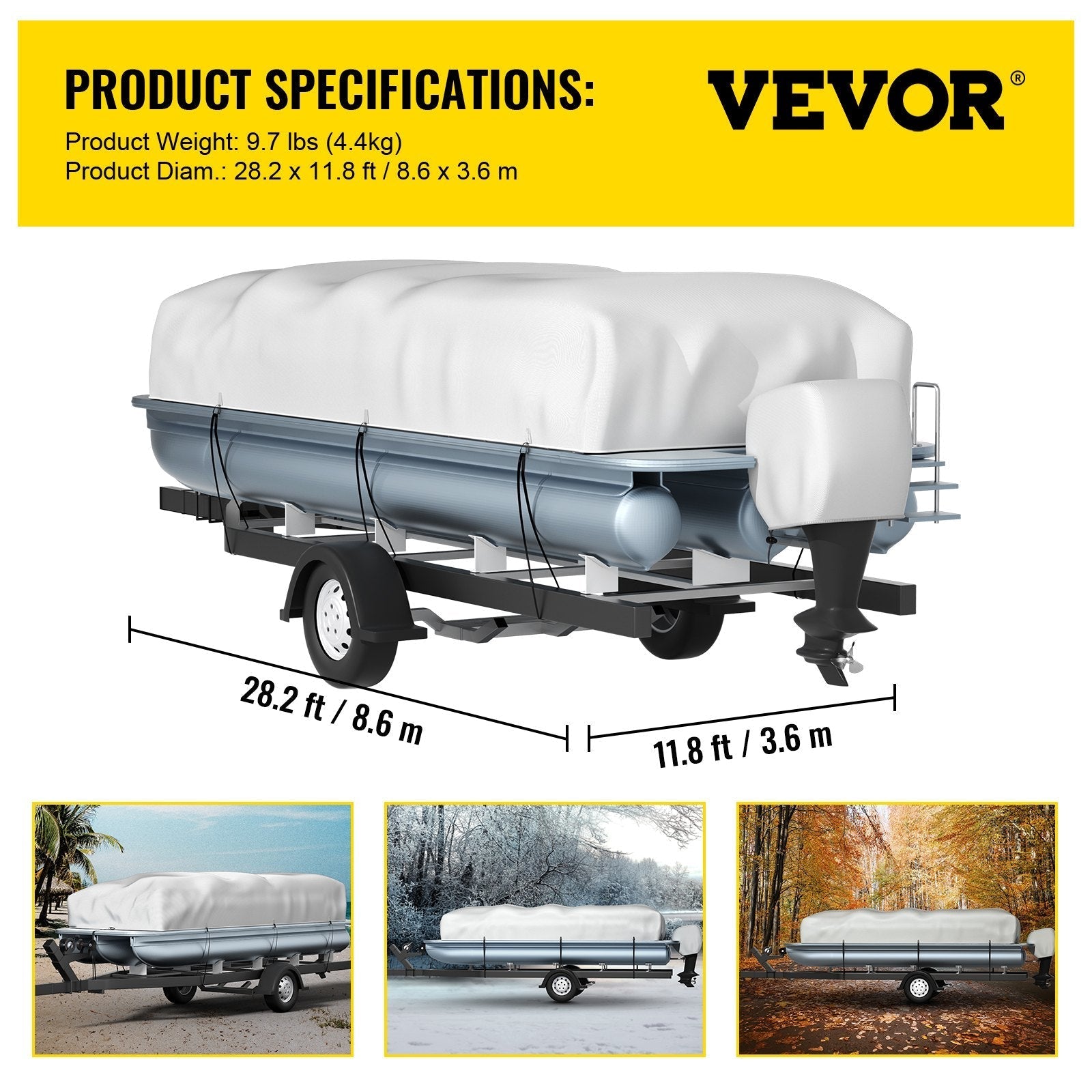 VEVOR Pontoon Boat Cover, Fit for 25'-28' Boat, Heavy Duty 600D Marine Grade Oxford Fabric, UV Resistant Waterproof Trailerable Boat Cover w/ 2 Support Poles and 7 Wind-proof Straps, Gray