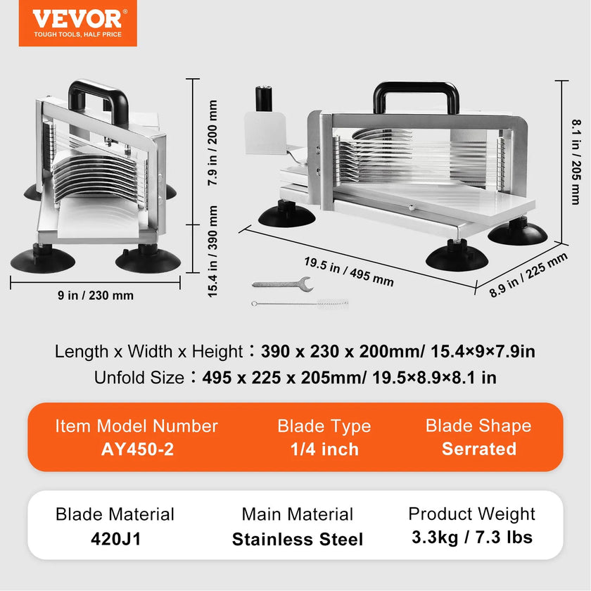 VEVOR Commercial Tomato Slicer, 1/4 inch Tomato Cutter Slicer, Stainless Steel Heavy Duty Tomato Slicer Machine, Manual Tomato Slicer with Non-slip Feet, for Cutting Tomatoes, Cucumbers, Bananas