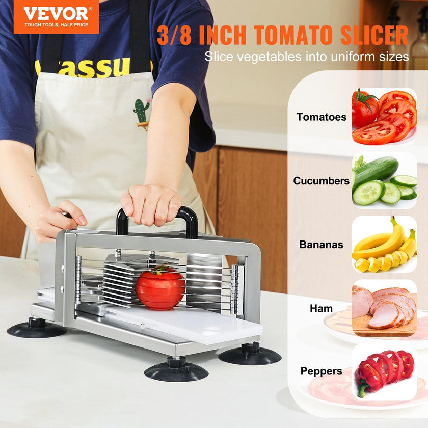 VEVOR Commercial Tomato Slicer, 3/8 inch Tomato Cutter Slicer, Stainless Steel Heavy Duty Tomato Slicer Machine, Manual Tomato Slicer with Non-slip Feet, for Cutting Tomatoes, Cucumbers, Bananas