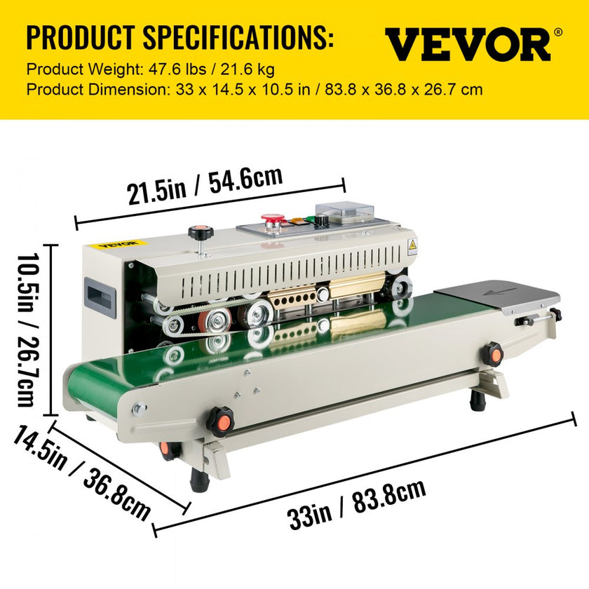 VEVOR FR-770 Continuous Band Sealer, Automatic Band Sealer with Digital Temperature Control, (Horizontal)