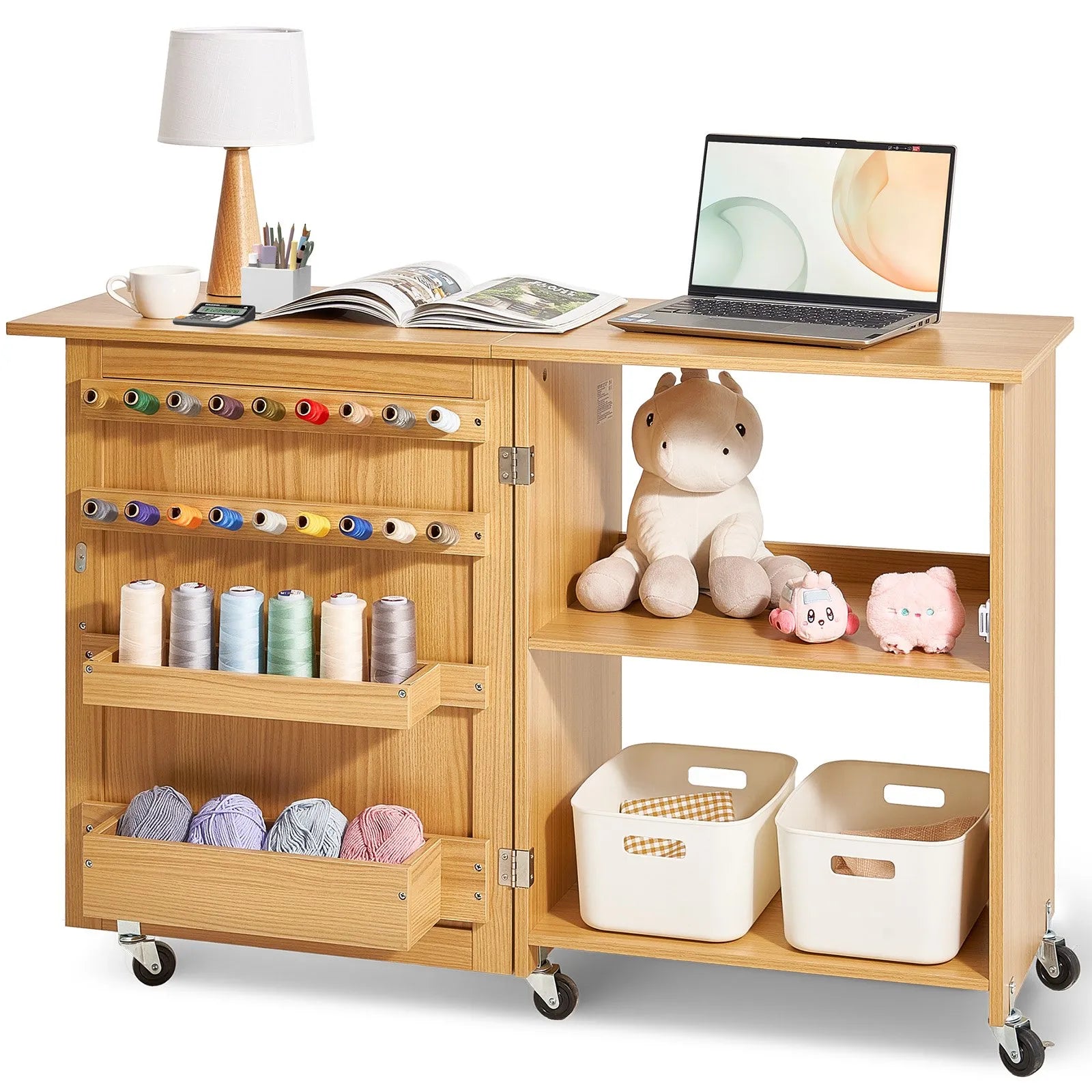 VEVOR Folding Sewing Table with Lockable Wheels Shelves Trays Door Wood Color