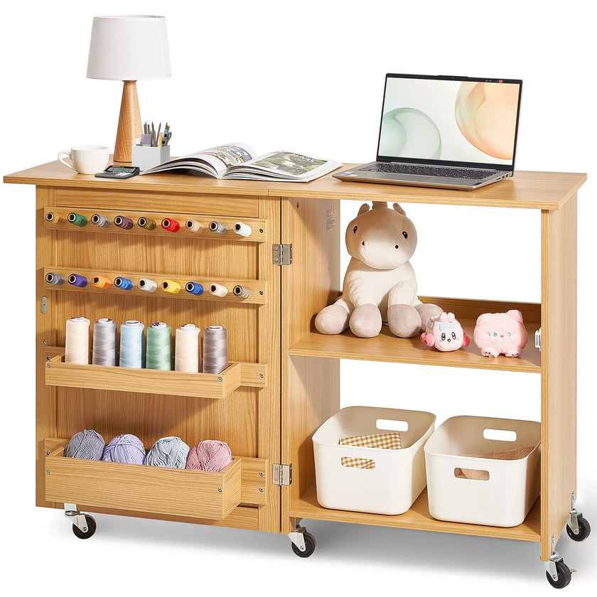 VEVOR Folding Sewing Table with Lockable Wheels Shelves Trays Door Wood Color