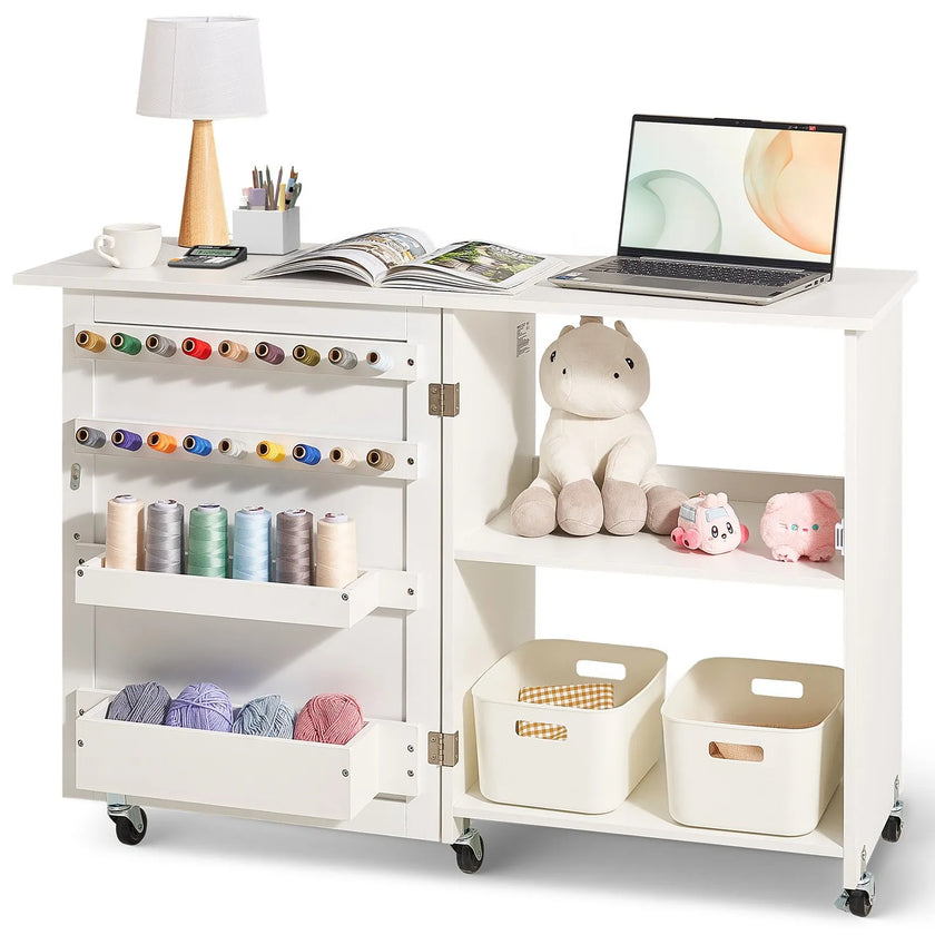 VEVOR Folding Sewing Table with Lockable Wheels Storage Shelves Trays Door White