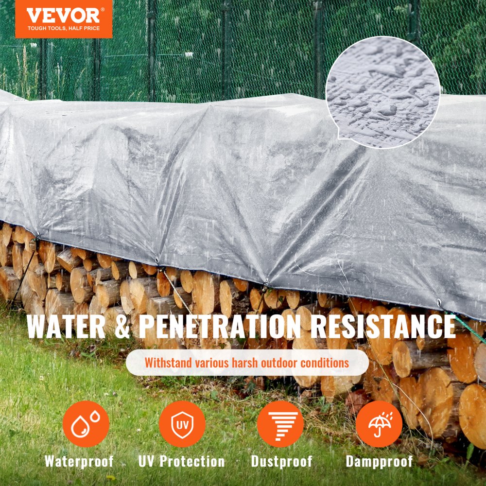 VEVOR Tarp 10x12 ft, Waterproof Plastic Poly Tarp Cover 10 Mil, Multi Purpose Tear UV and Temperature Resistant Outdoor Tarpaulin with High Durability Reinforced Grommets (Silver/Brown)