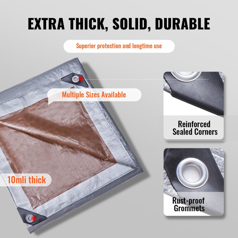 VEVOR Tarp 10x12 ft, Waterproof Plastic Poly Tarp Cover 10 Mil, Multi Purpose Tear UV and Temperature Resistant Outdoor Tarpaulin with High Durability Reinforced Grommets (Silver/Brown)