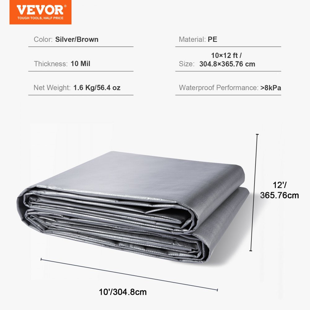 VEVOR Tarp 10x12 ft, Waterproof Plastic Poly Tarp Cover 10 Mil, Multi Purpose Tear UV and Temperature Resistant Outdoor Tarpaulin with High Durability Reinforced Grommets (Silver/Brown)