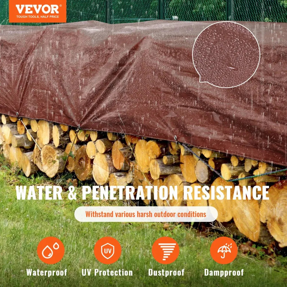 VEVOR Tarp 20x40 ft 16 Mil Extra Thick, Waterproof Poly Plastic Tarps Cover, Multi-Purpose Outdoor Tarpaulin with Grommets & Reinforced Edges for Truck, RV, Boat, Camping (Brown)