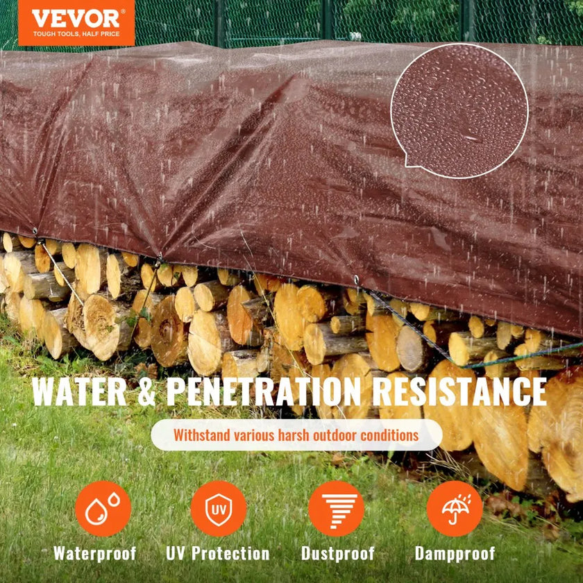 VEVOR Tarp 20x40 ft 16 Mil Extra Thick, Waterproof Poly Plastic Tarps Cover, Multi-Purpose Outdoor Tarpaulin with Grommets & Reinforced Edges for Truck, RV, Boat, Camping (Brown)