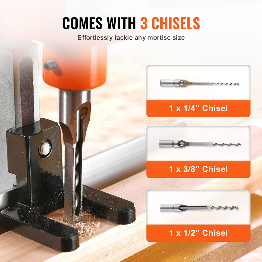 VEVOR Benchtop Mortise Machine, 370W, 1725 RPM Woodworking Mortising Machine, with 1/4-Inch 3/8-Inch 1/2-Inch Chisels Wooden Workbench, for Making Round Holes Square Holes Or Special Square Holes