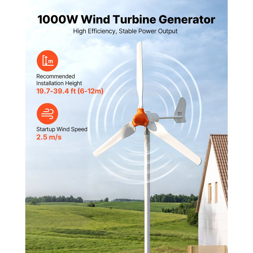 1000W 12V Wind Turbine Generator Kit with Hybrid Wind & Solar Controller, 3-Blade Permanent Magnet Power System