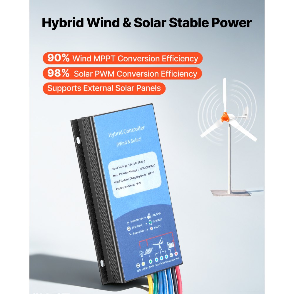 1000W 12V Wind Turbine Generator Kit with Hybrid Wind & Solar Controller, 3-Blade Permanent Magnet Power System