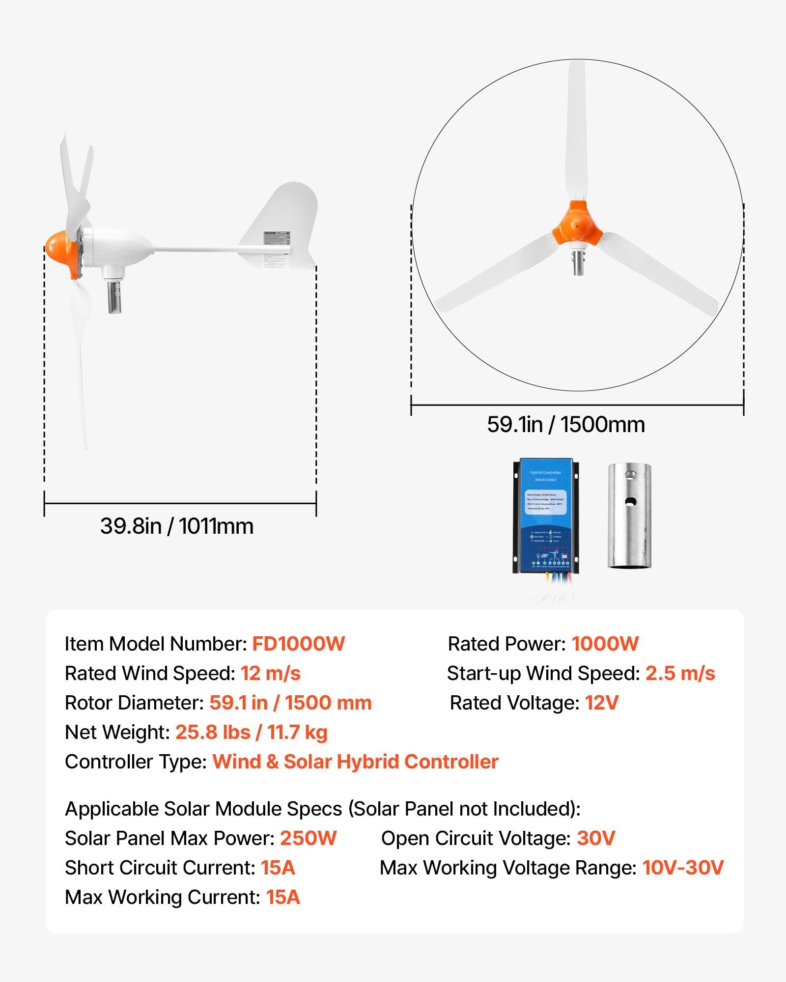 1000W 12V Wind Turbine Generator Kit with Hybrid Wind & Solar Controller, 3-Blade Permanent Magnet Power System