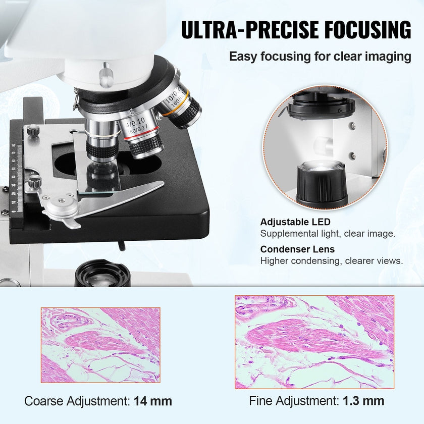 VEVOR Compound Trinocular Microscope, 40X-5000X Magnification, Trinocular Compound Lab Microscope with LED Illumination & External Interface, Two-Layer Mechanical Stage, Includes Microscope Slides