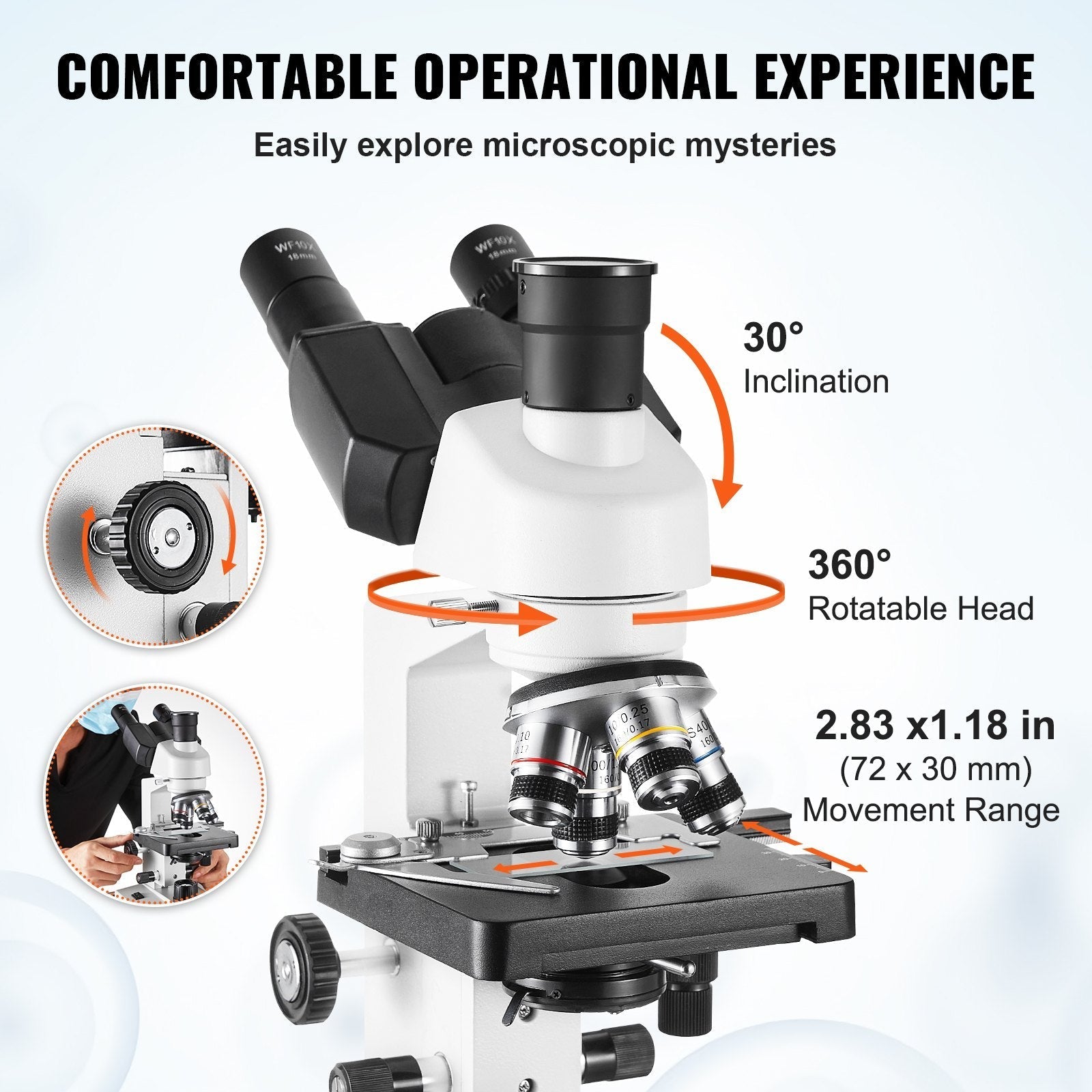 VEVOR Compound Trinocular Microscope, 40X-5000X Magnification, Trinocular Compound Lab Microscope with LED Illumination & External Interface, Two-Layer Mechanical Stage, Includes Microscope Slides