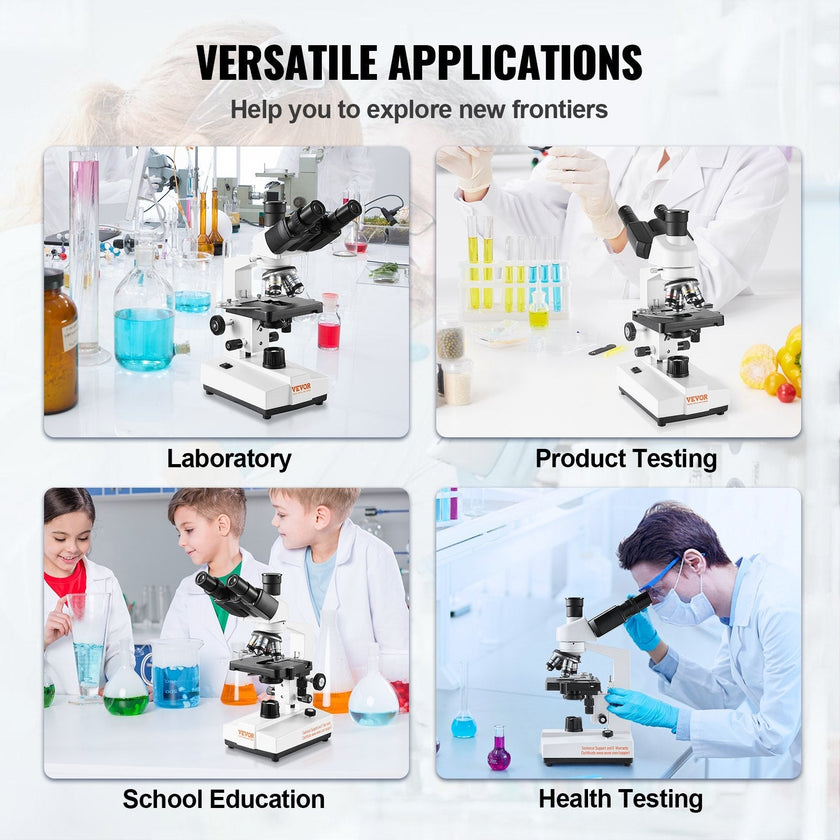 VEVOR Compound Trinocular Microscope, 40X-5000X Magnification, Trinocular Compound Lab Microscope with LED Illumination & External Interface, Two-Layer Mechanical Stage, Includes Microscope Slides