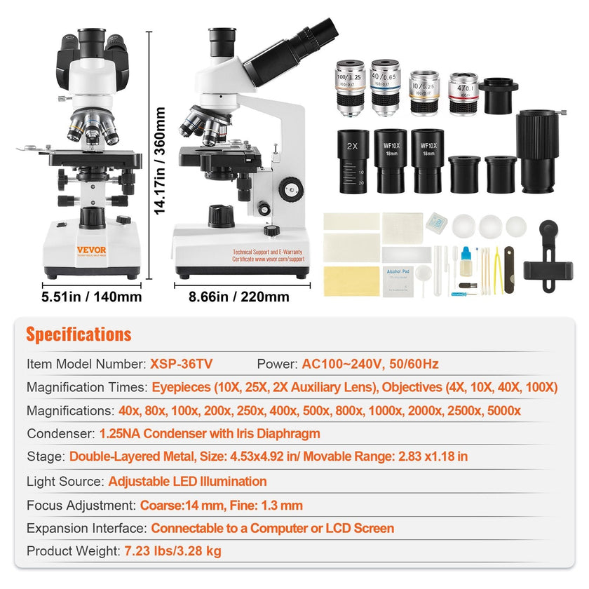 VEVOR Compound Trinocular Microscope, 40X-5000X Magnification, Trinocular Compound Lab Microscope with LED Illumination & External Interface, Two-Layer Mechanical Stage, Includes Microscope Slides