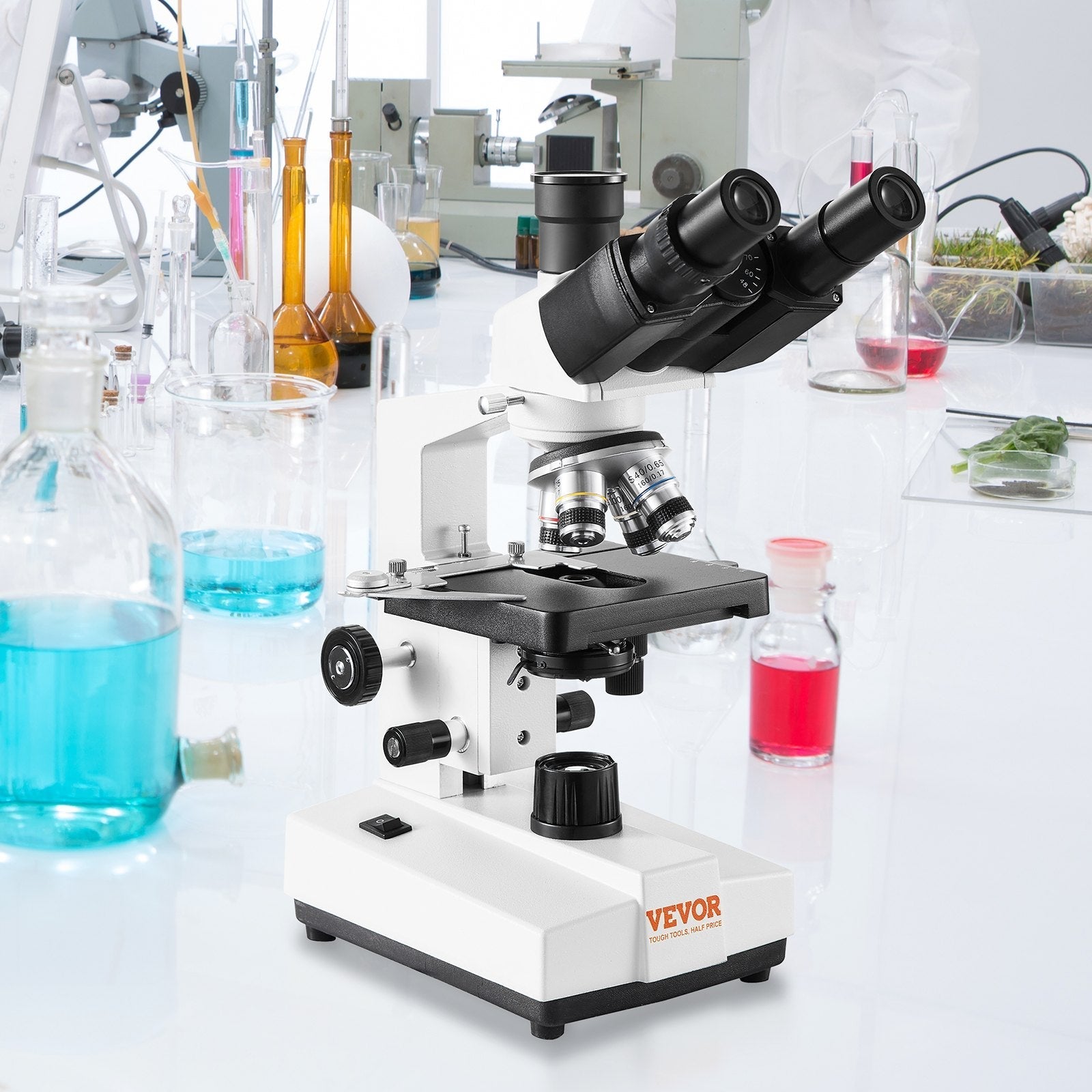 VEVOR Compound Trinocular Microscope, 40X-5000X Magnification, Trinocular Compound Lab Microscope with LED Illumination & External Interface, Two-Layer Mechanical Stage, Includes Microscope Slides