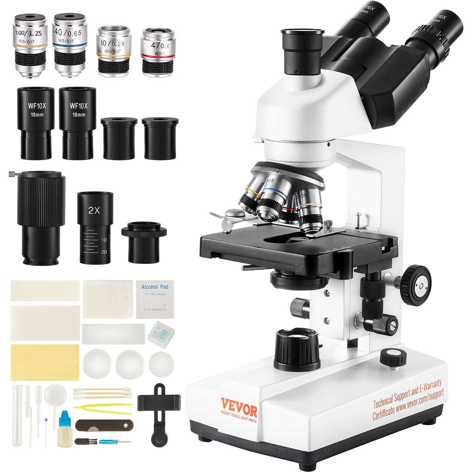 VEVOR Compound Trinocular Microscope, 40X-5000X Magnification, Trinocular Compound Lab Microscope with LED Illumination & External Interface, Two-Layer Mechanical Stage, Includes Microscope Slides