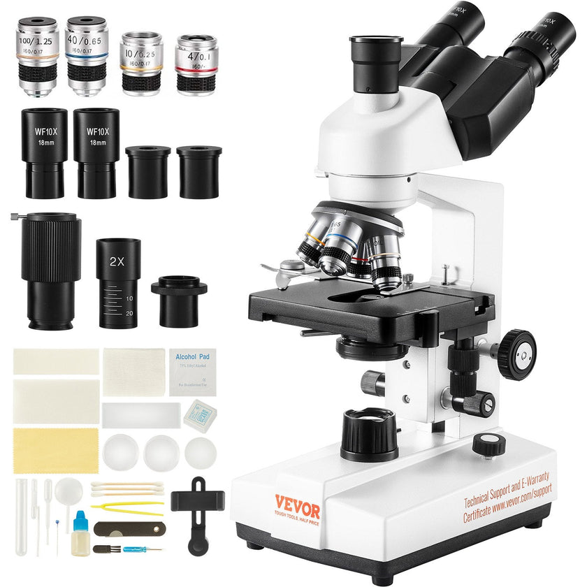 VEVOR Compound Trinocular Microscope, 40X-5000X Magnification, Trinocular Compound Lab Microscope with LED Illumination & External Interface, Two-Layer Mechanical Stage, Includes Microscope Slides
