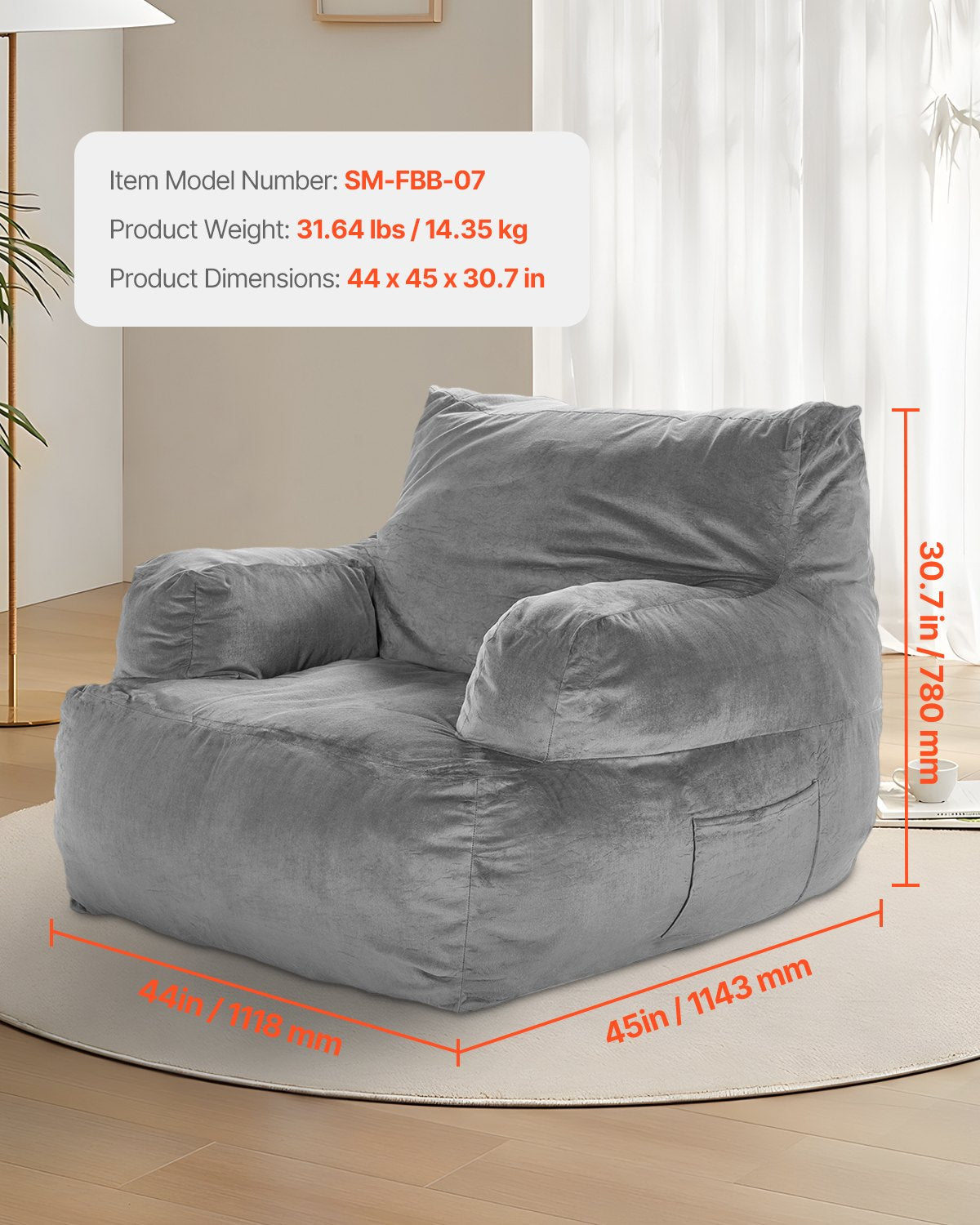 VEVOR Bean Bag Chair BeanBag Sofa Chair with Armrests for Adults Plush Grey