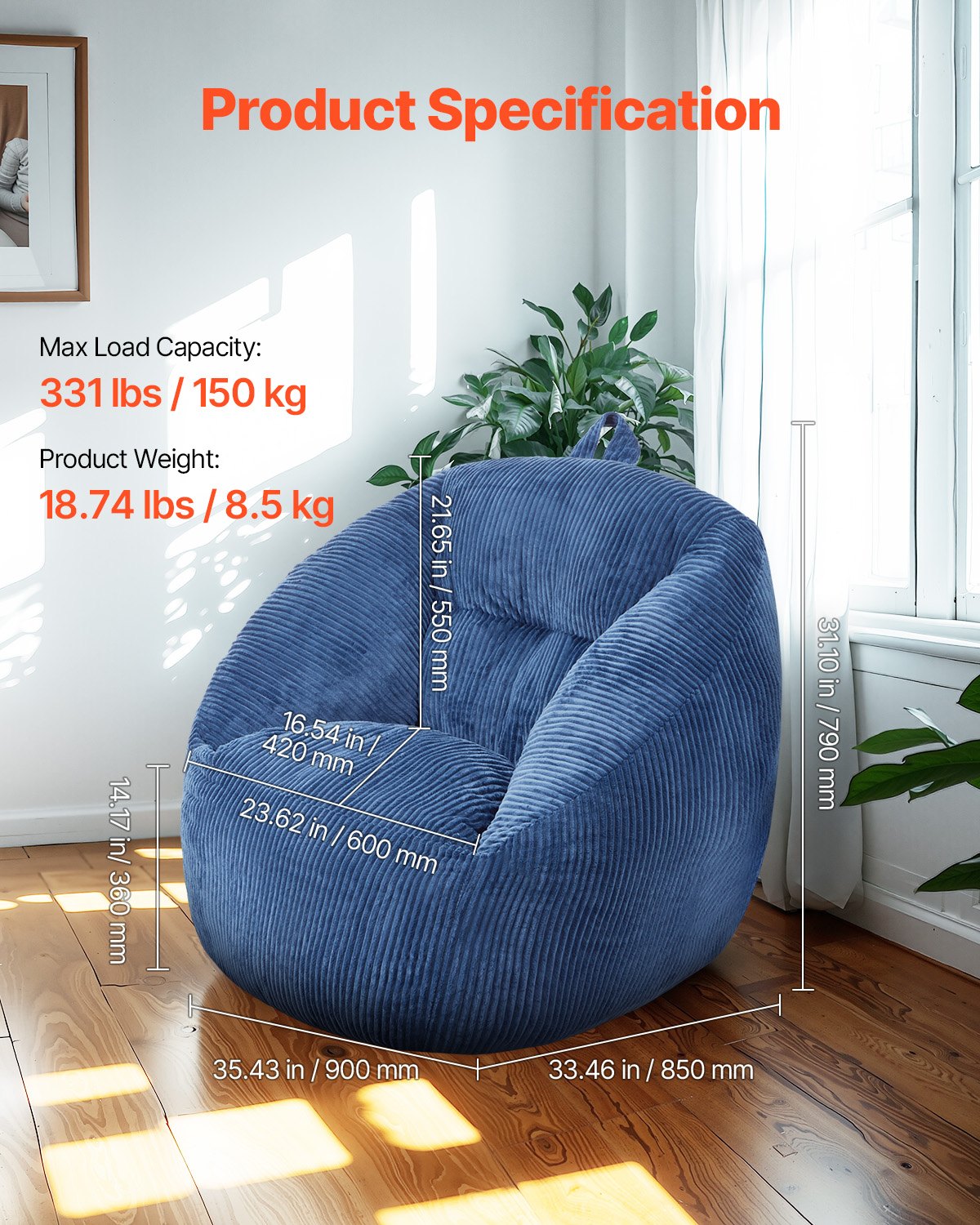 VEVOR 3 feet Bean Bag Chair with Soft Armrests and Storage Pocket Blue