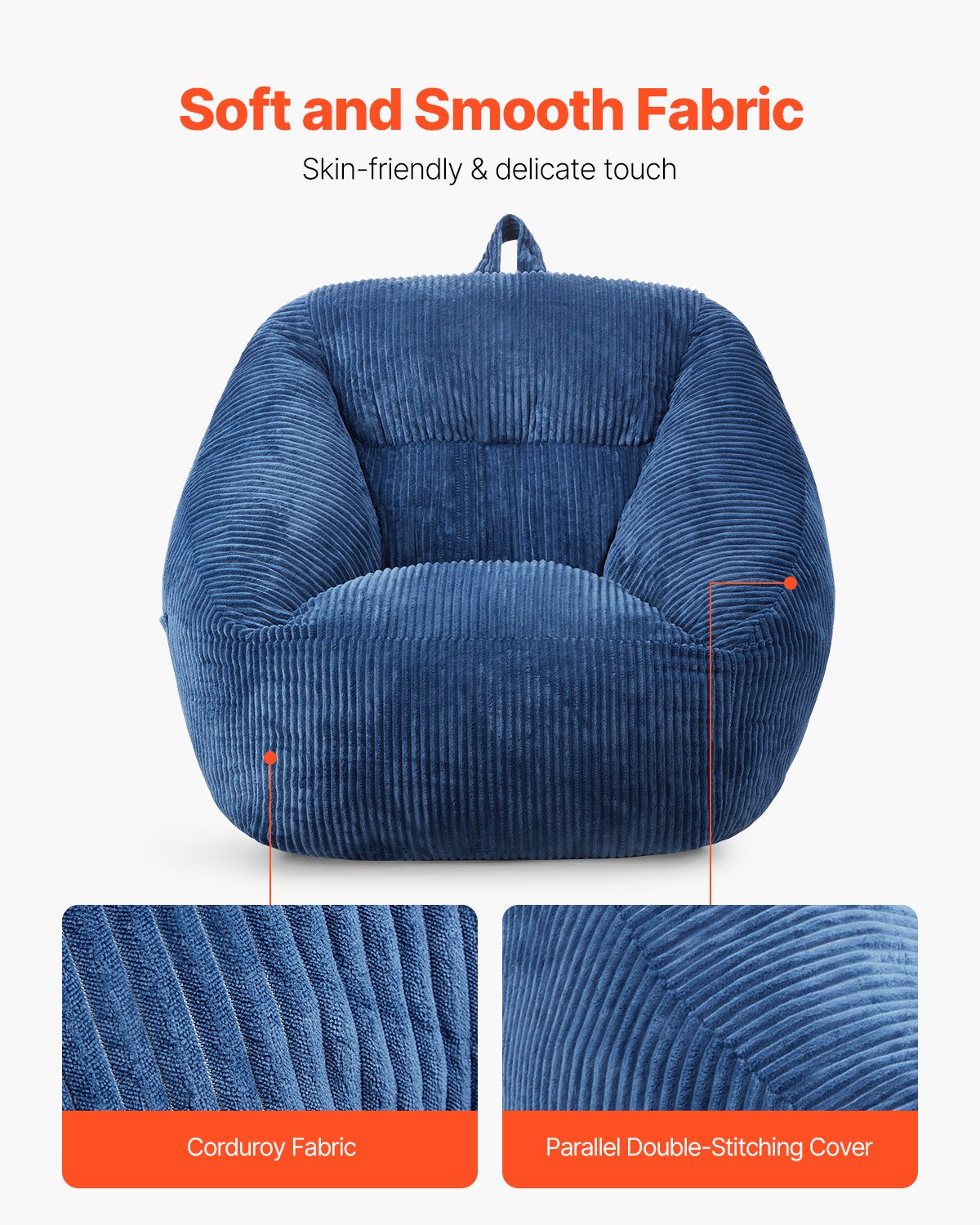 VEVOR 3 feet Bean Bag Chair with Soft Armrests and Storage Pocket Blue