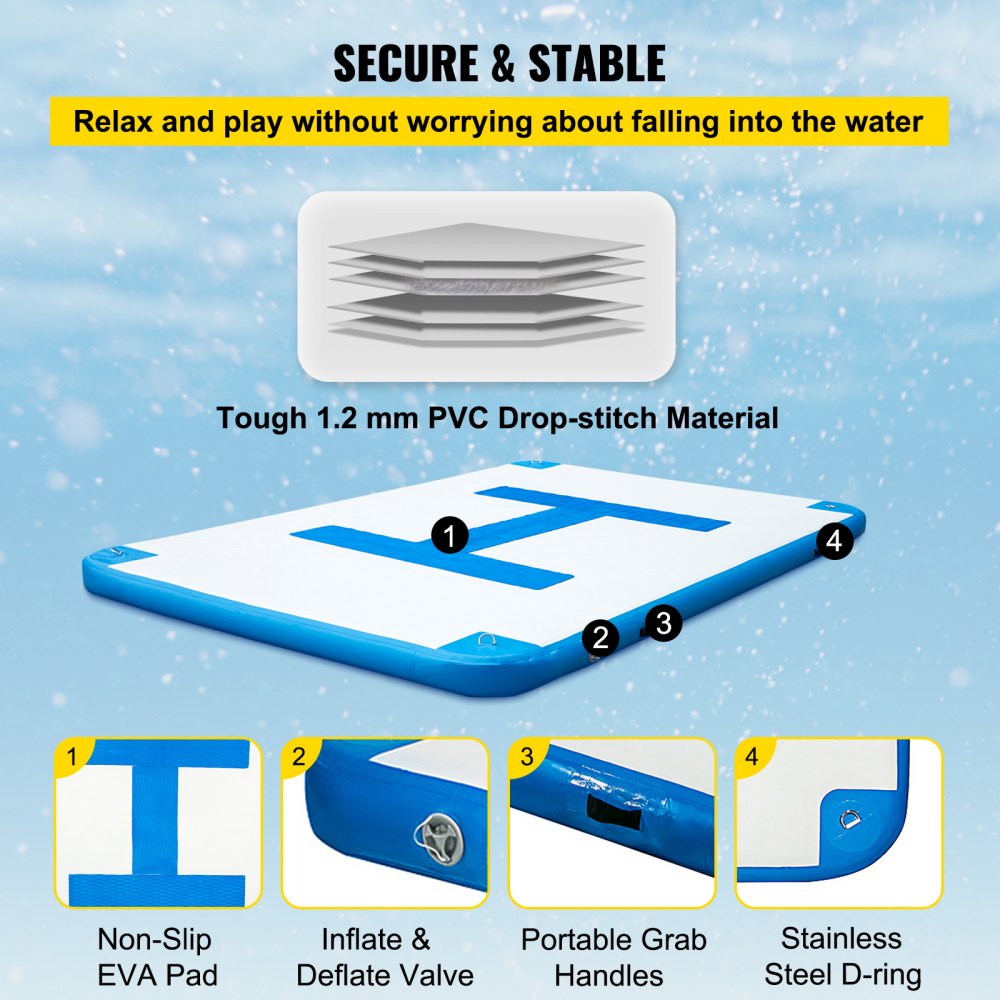 VEVOR Inflatable Floating Dock 10 x 6.5 ft, Inflatable Dock Platform with Electric Air Pump, Inflatable Swim Platform  6 Inch Thick, Floating Dock  5-6 People, Floating Platform for Pool Beach Ocean
