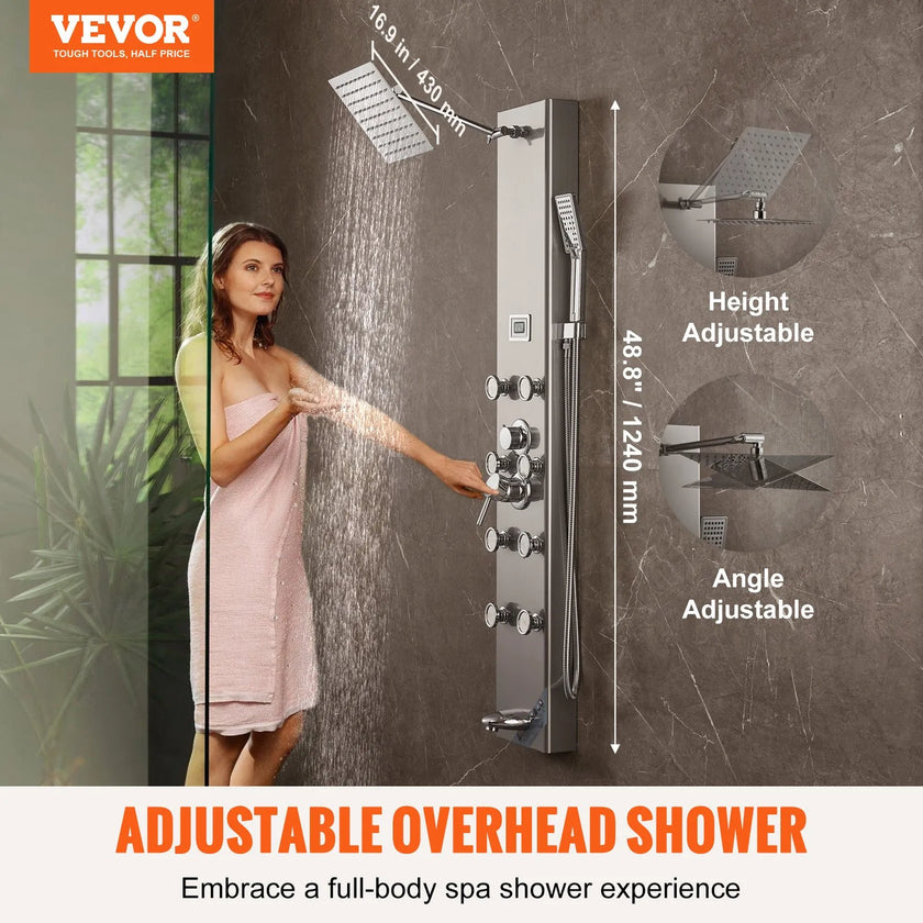 VEVOR Shower Panel System, 6 Shower Modes, Digital Display Shower Panel Tower, Rainfall, 8 Massage Jets, Tub Spout, 3-Setting Handheld Shower Head 59