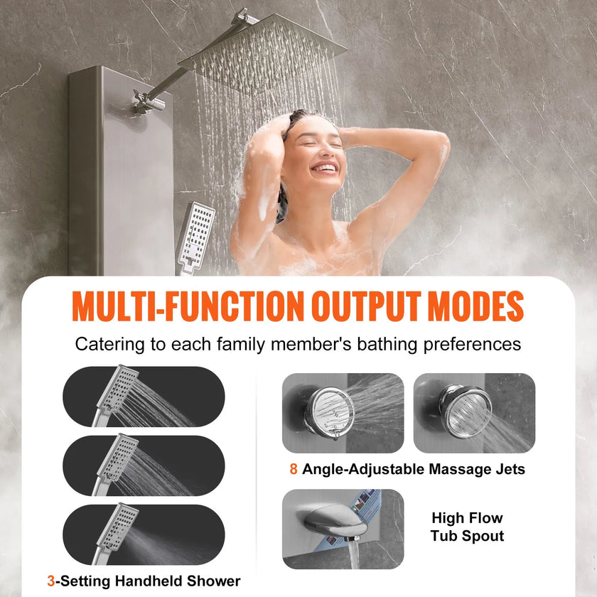 VEVOR Shower Panel System, 6 Shower Modes, Digital Display Shower Panel Tower, Rainfall, 8 Massage Jets, Tub Spout, 3-Setting Handheld Shower Head 59