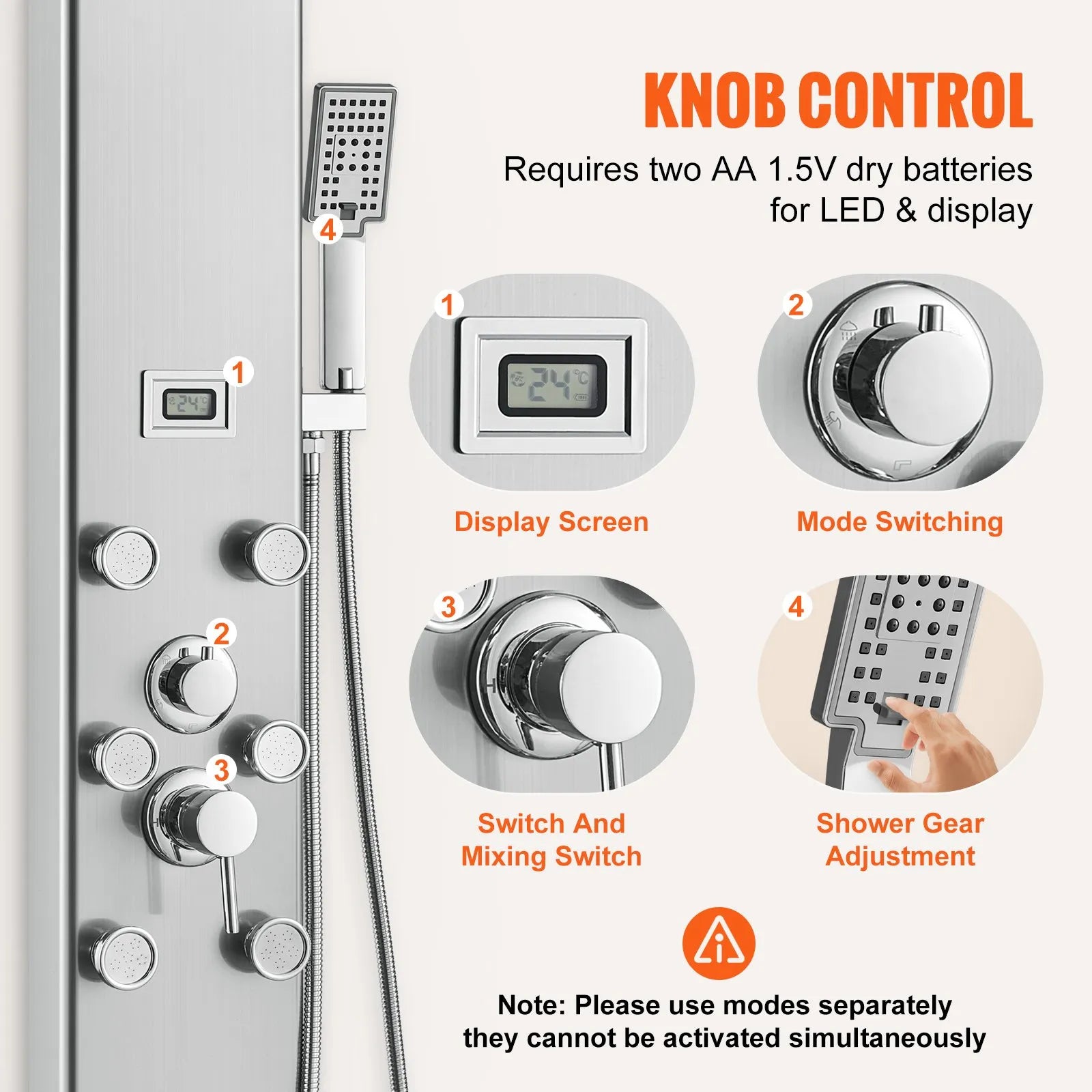 VEVOR Shower Panel System, 6 Shower Modes, Digital Display Shower Panel Tower, Rainfall, 8 Massage Jets, Tub Spout, 3-Setting Handheld Shower Head 59